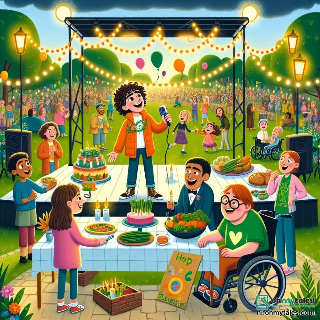 Illustratie van een levendig park, gevuld met felle kleuren en het gelach van kinderen. In het midden staat een groot podium versierd met lichtslingers en zwevende ballonnen, waar families samenkomen rond een tafel vol huisgemaakte gerechten en drankjes. 

Een 11-jarig jongetje met krullend haar en een oranje jas glimlacht vrolijk terwijl hij de bezoekers verwelkomt. Naast hem zit een 10-jarig meisje in een rolstoel, draagt een bril en houdt een microfoon vast, klaar om inspirerende verhalen te delen. Een 12-jarig jongetje met bruin haar en een groene t-shirt leunt over een kleine tafel en toont vers geplukte groenten uit hun gemeenschappelijke tuin. 

Op de achtergrond speelt een groep kinderen van verschillende leeftijden spelletjes, terwijl volwassenen samen praten en lachen. Kleurrijke posters kondigen het evenement aan en er hangt een sfeer van solidariteit en vreugde in de lucht. Bloemen en groene bomen omringen het park en dragen bij aan de schoonheid van deze dag van delen en hulpvaardigheid.