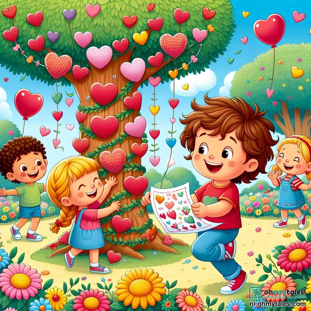 Une illustration sous forme de dessin destinée aux enfants représentant un parc ensoleillé rempli de fleurs colorées, où un garçon de 5 ans aux cheveux bruns et bouclés, portant un t-shirt rouge et un short bleu, rit joyeusement en tenant une carte décorée de cœurs, tandis que ses deux amis, une fille aux cheveux blonds tressés vêtue d'une robe rose et un garçon aux cheveux châtains en t-shirt vert, s'affairent à décorer un grand arbre avec des guirlandes de papier en forme de cœur pour célébrer leur Vriendschapsfeest de Saint-Valentin, entourés de ballons colorés et de rires d'enfants.