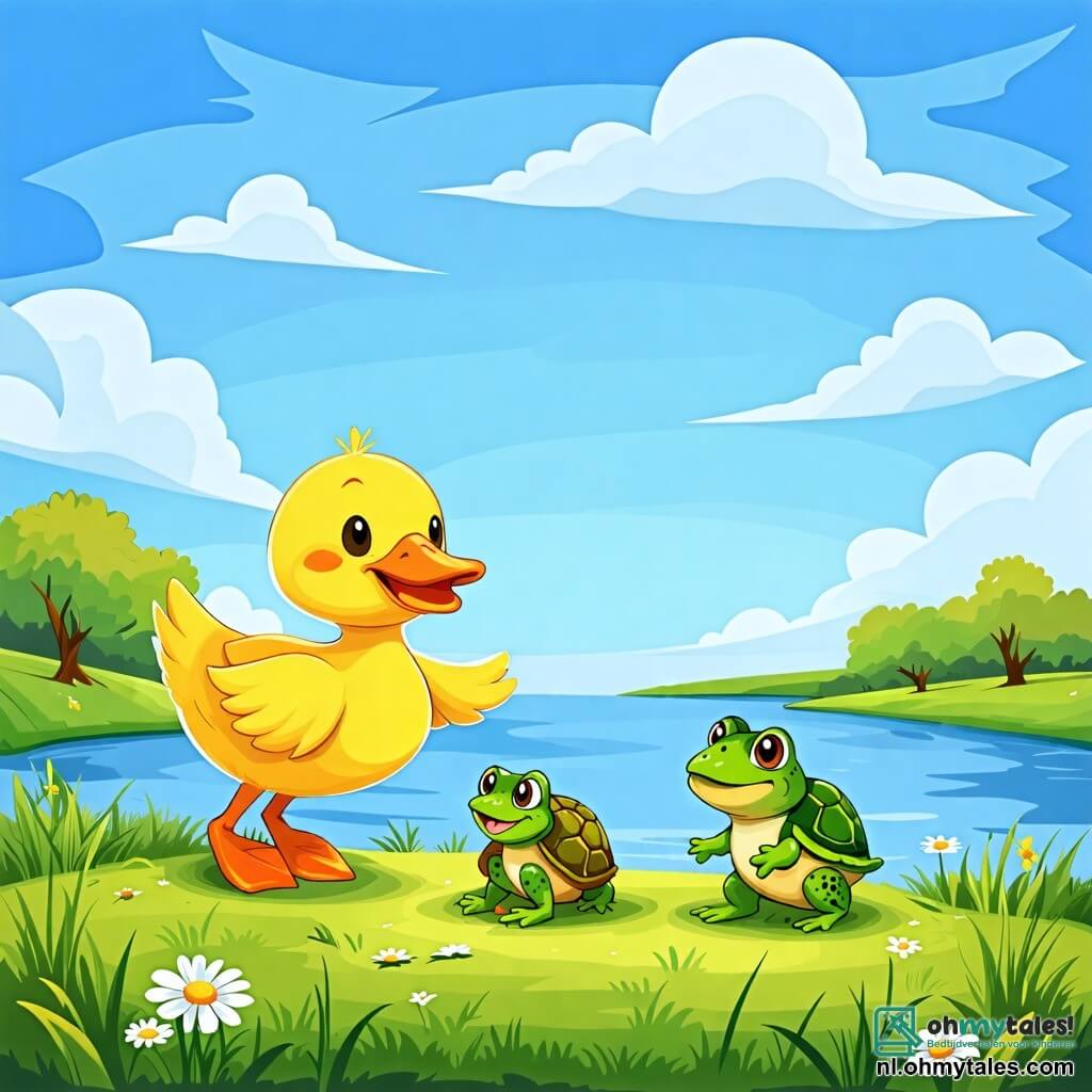 Une illustration sous forme de dessin destinée aux enfants représentant une charmante scène au bord d'une grande et paisible étendue d'eau, où un petit canard jaune aux plumes brillantes et aux yeux pétillants saute joyeusement dans l'herbe verte, accompagné d'une tortue au sourire amical et d'une grenouille vive de couleur verte, tous trois jouant ensemble sous un ciel bleu clair, illustrant l'importance de l'amitié et du partage dans leurs aventures.