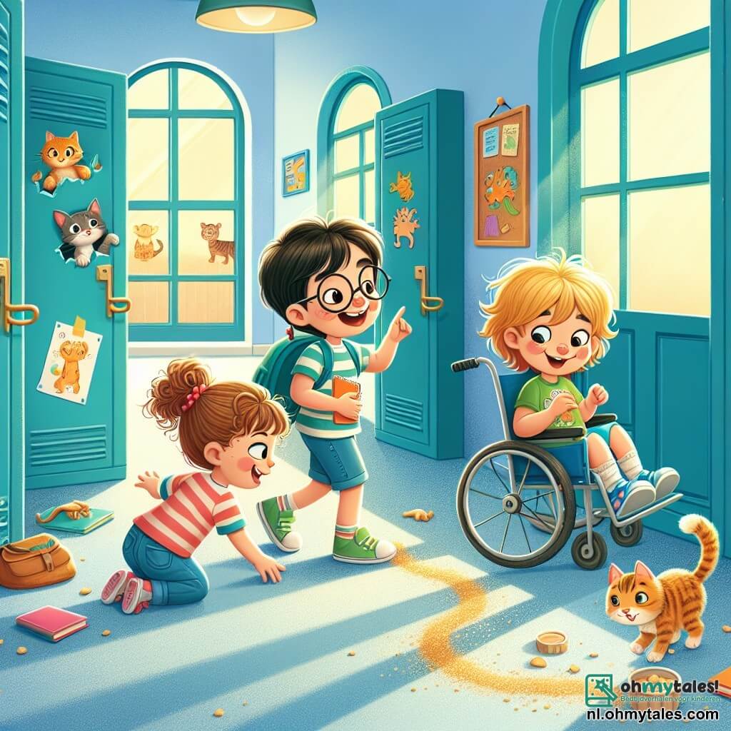 Illustratie van een scène in een kleurrijke en uitnodigende school, met lichtblauwe muren en dieren tekeningen op de borden. In het midden een heldere gang met ramen die zonlicht binnenlaten, waar kleurrijke kluisjes staan. Drie kinderen zijn aanwezig: een meisje van ongeveer 8 jaar met krullend bruin haar, een bril met ronde glazen en een gestreept t-shirt, die een klein notitieboekje en een potlood vasthoudt. Naast haar een jongen van ongeveer 9 jaar met messy blond haar, een groen t-shirt en een korte broek, die met zijn vinger wijst naar een spoor van kruimels op de grond. Ten slotte een andere jongen van ongeveer 10 jaar, zittend in een rolstoel, met kastanjebruin haar en een vrolijke glimlach, die nieuwsgierig naar de grond kijkt. De belangrijkste situatie toont de kinderen die een spoor van kruimels volgen naar een klein kitten met glanzende ogen, dat zich achter een kluisje verstopt. De sfeer is vol opwinding en mysterie, met elementen zoals open boeken en verspreide potloden om hen heen, die hun onderzoek benadrukken.