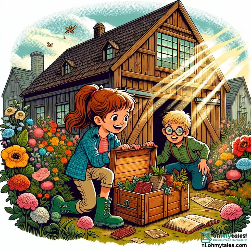 Une illustration sous forme de dessin destinée aux enfants représentant une ancienne et mystérieuse grange en bois, entourée de fleurs colorées et de rayons de soleil filtrant à travers les fenêtres poussiéreuses, avec une fille de 11 ans aux cheveux châtains attachés en une haute queue de cheval, portant des bottes vertes et un sourire d'excitation, fouillant une grande caisse en bois remplie de vieux livres et de trésors oubliés, tandis qu'un garçon de son âge, aux cheveux blonds et aux lunettes rondes, observe avec émerveillement, tenant une vieille carte au trésor, alors qu'ils découvrent ensemble les secrets cachés de leur village.