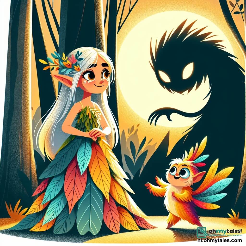 Une illustration sous forme de dessin destinée aux enfants représentant une clairière enchantée baignée de lumière dorée, où une elfe aux longs cheveux argentés et aux yeux pétillants, vêtue d'une robe faite de feuilles et de fleurs, se tient avec un sourire déterminé, tandis qu'à ses côtés, un petit être plumeux aux couleurs vives, avec des yeux ronds et curieux, danse joyeusement, alors qu'ils se préparent à affronter un grand ombre menaçante qui émerge des arbres, symbolisant leur quête pour sauver la magie du royaume des elfes.