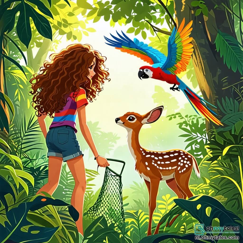 Une illustration sous forme de dessin destinée aux enfants représentant une jungle luxuriante avec des arbres géants aux feuilles vertes éclatantes, où une jeune femme courageuse aux cheveux bruns et bouclés, vêtue d'un short et d'un t-shirt coloré, s'apprête à libérer un petit hère au pelage doré pris dans un filet, tandis qu'un papagaï aux plumes vives et colorées vole au-dessus d'elle en criant pour distraire un grand chasseur au regard sévère, vêtu d'une tenue de camouflage, qui s'approche d'eux avec une expression menaçante, illustrant ainsi le moment crucial de l'aventure où l'amitié et le courage se rencontrent.