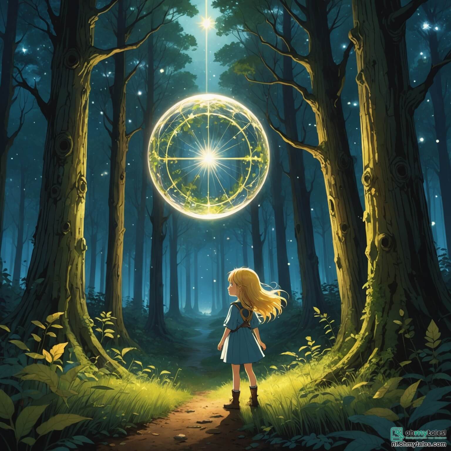 Une illustration destinée aux enfants représentant une petite fille aux cheveux dorés flottants comme des rayons de soleil, les yeux pétillants de curiosité, se tenant au bord d'une clairière enchantée dans un vaste et mystérieux bois où les arbres, hauts et majestueux, s'élèvent comme des géants gardiens, leurs feuilles scintillant de mille feux sous la lumière de la lune, alors qu'elle découvre une étrange sphère lumineuse, symbole d'une aventure intergalactique, entourée de petits extraterrestres aux couleurs vives et aux formes amusantes, qui dansent joyeusement autour d'elle, prêts à l'aider à explorer les merveilles de l'univers et à illuminer les ombres de la nuit.