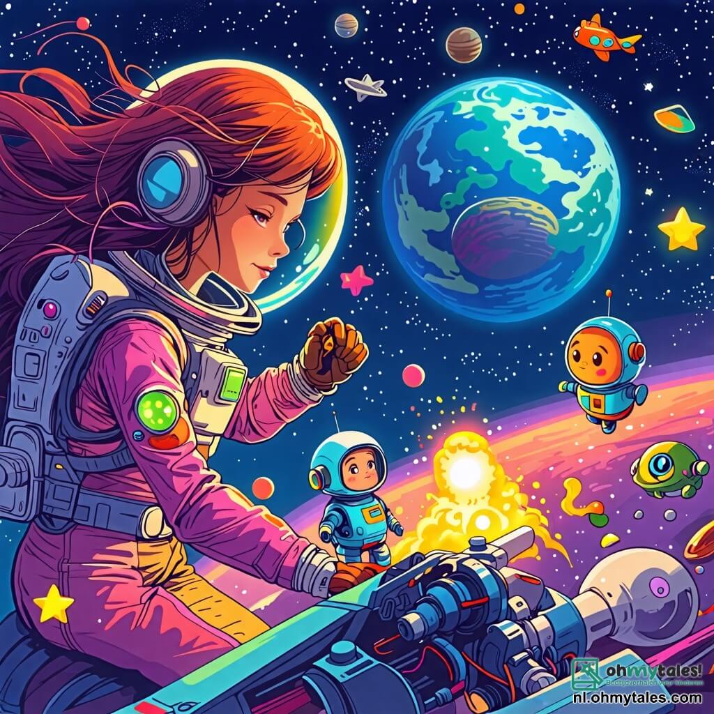 Une illustration sous forme de dessin destinée aux enfants représentant une scène spatiale vibrante avec une vaste étendue d'étoiles scintillantes et une planète colorée en arrière-plan, au premier plan, une femme courageuse aux cheveux flottants dans l'apesanteur, portant une combinaison spatiale brillante, qui répare avec détermination le moteur de sa raket, tandis qu'un petit robot aux yeux lumineux, flottant à côté d'elle, l'observe avec curiosité, et en arrière-plan, un groupe de créatures étoilées aux formes amusantes et aux couleurs vives, regardant avec admiration et espoir, illustrant le moment où elle se prépare à sauver un peuple des étoiles.