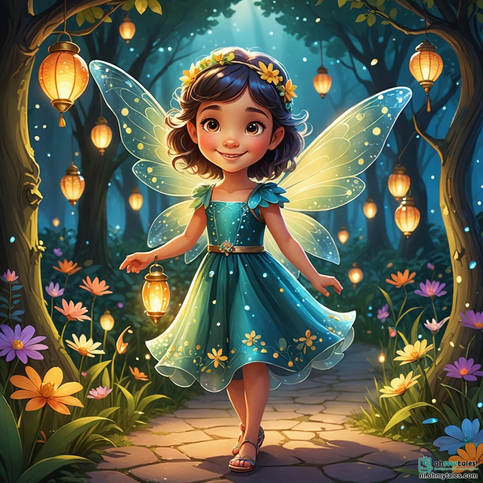 Une illustration destinée aux enfants représentant une fée pétillante aux ailes scintillantes comme des gouttes de rosée au soleil, avec une robe en pétales de fleurs multicolores et un sourire espiègle, se trouvant dans une clairière enchantée où les arbres sont ornés de lanternes lumineuses et où des fleurs dansent au rythme d'une douce brise, alors qu'elle cherche à retrouver son ami le petit dragon rigolo, au corps en forme de nuage et aux écailles chatoyantes, qui a disparu en jouant à cache-cache derrière un buisson de bonbons, tandis que des lucioles illuminent la scène de leur lumière dorée, créant une atmosphère magique et joyeuse.