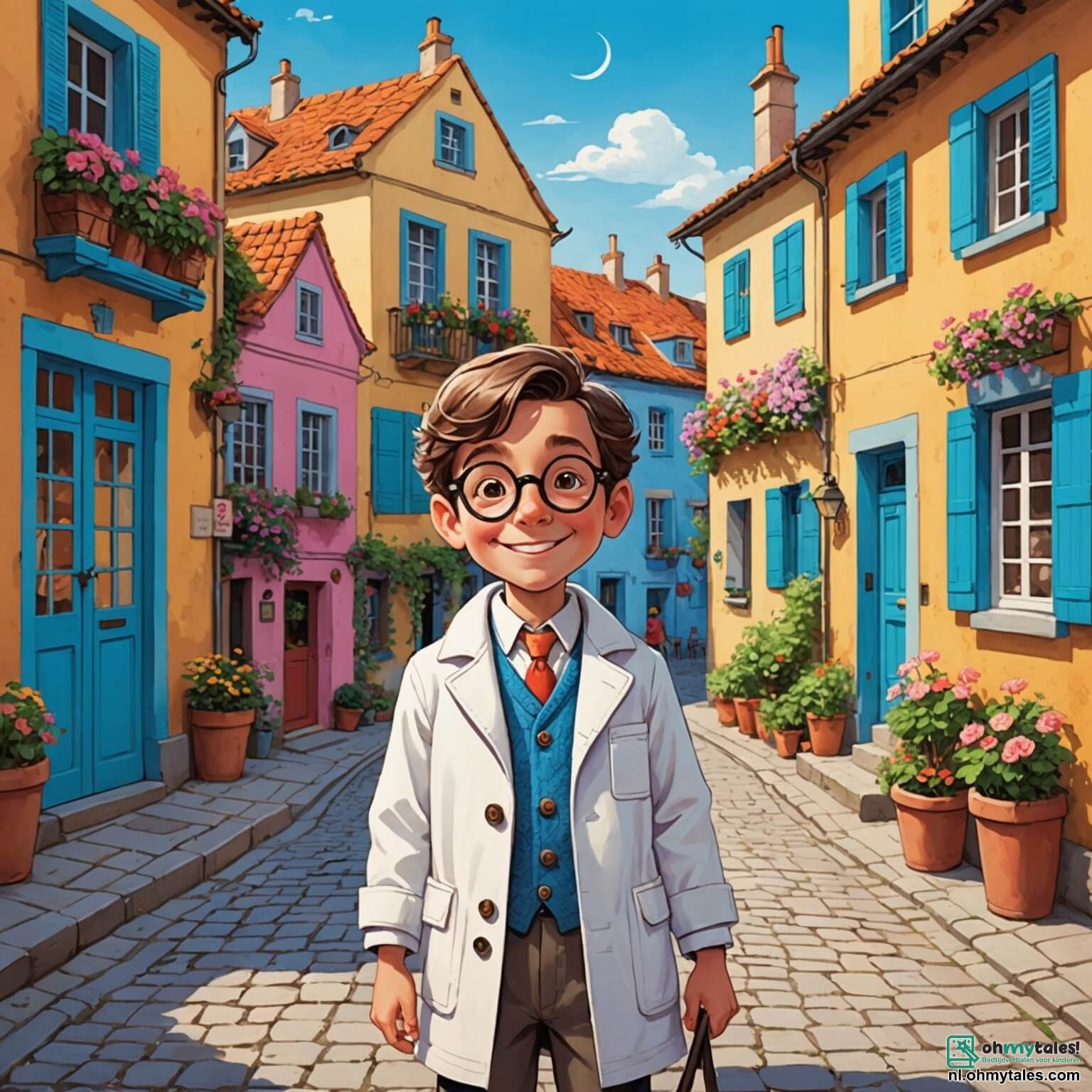 Une illustration destinée aux enfants représentant un homme au sourire chaleureux, vêtu d'une blouse blanche éclatante, avec des lunettes rondes posées sur son nez, se tenant dans une charmante petite ville ensoleillée, où les maisons colorées aux volets bleus et aux jardins fleuris s'alignent le long des rues pavées, tandis qu'il aide une petite fille aux yeux pétillants, pleine de curiosité, et un garçon au visage souriant, tous deux impatients de célébrer un anniversaire, en planifiant une chasse au trésor pleine de rires et d'aventures, tout en étant entourés de l'odeur sucrée des gâteaux et des ballons flottants dans l'air, créant une atmosphère joyeuse et amicale.