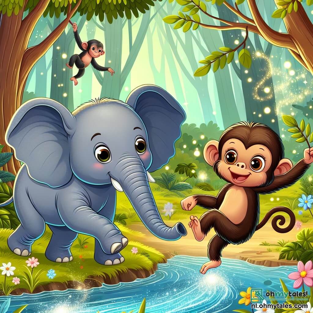 Une illustration sous forme de dessin destinée aux enfants représentant une forêt enchantée, où un jeune éléphant aux grandes oreilles et à la peau grise, curieux et émerveillé, explore une rivière scintillante qui chante, tandis qu'un chimpanzé espiègle aux yeux pétillants et à la fourrure brune balance joyeusement d'une branche à l'autre, tous deux découvrant ensemble les merveilles de la nature et l'importance de l'amitié dans un monde magique rempli de couleurs vives et de fleurs dansantes.