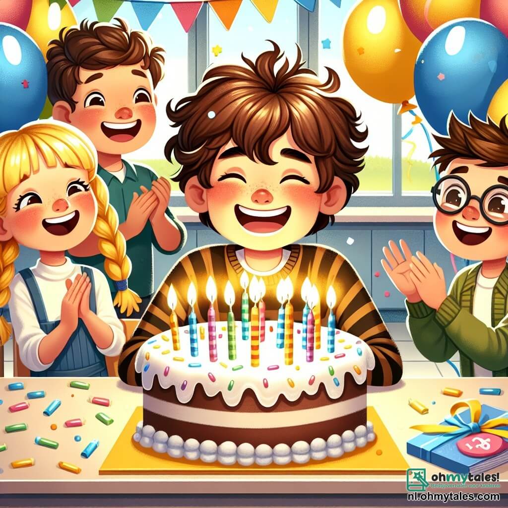 Une illustration sous forme de dessin destinée aux enfants représentant une salle de classe colorée avec des ballons et des décorations d'anniversaire, où un garçon de 11 ans aux cheveux bruns et bouclés, souriant et rayonnant de joie, souffle sur des bougies d'une grande gâteau d'anniversaire, entouré de ses amis : une fille aux cheveux blonds et tressés qui applaudit avec enthousiasme, et un garçon aux lunettes et cheveux châtains qui tient une carte de vœux, tous deux partageant un moment de bonheur et de surprise, illustrant la magie d'une fête d'anniversaire inoubliable.