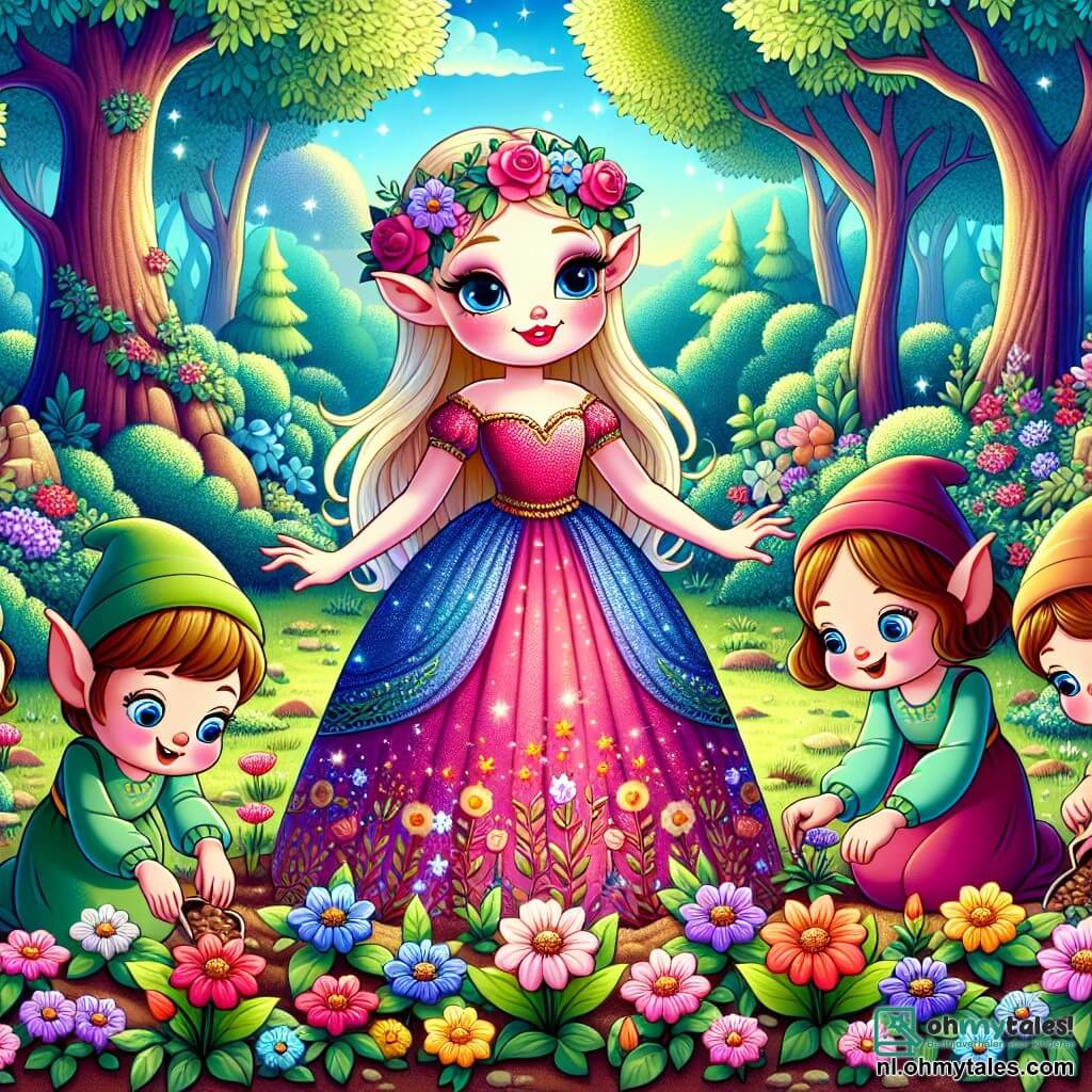 Une illustration sous forme de dessin destinée aux enfants représentant une scène magique dans une forêt enchantée, où une jeune fille à la peau d'un blanc éclatant et aux lèvres rouges comme des cerises, vêtue d'une robe colorée, se tient au centre, entourée de petits Nijnen aux grandes oreilles et aux yeux pétillants, qui l'aident à planter des fleurs dans un jardin vibrant de couleurs, tandis qu'un ciel bleu clair et des arbres verdoyants créent une atmosphère de renouveau et d'espoir, illustrant leur quête pour restaurer la beauté de la nature perdue.