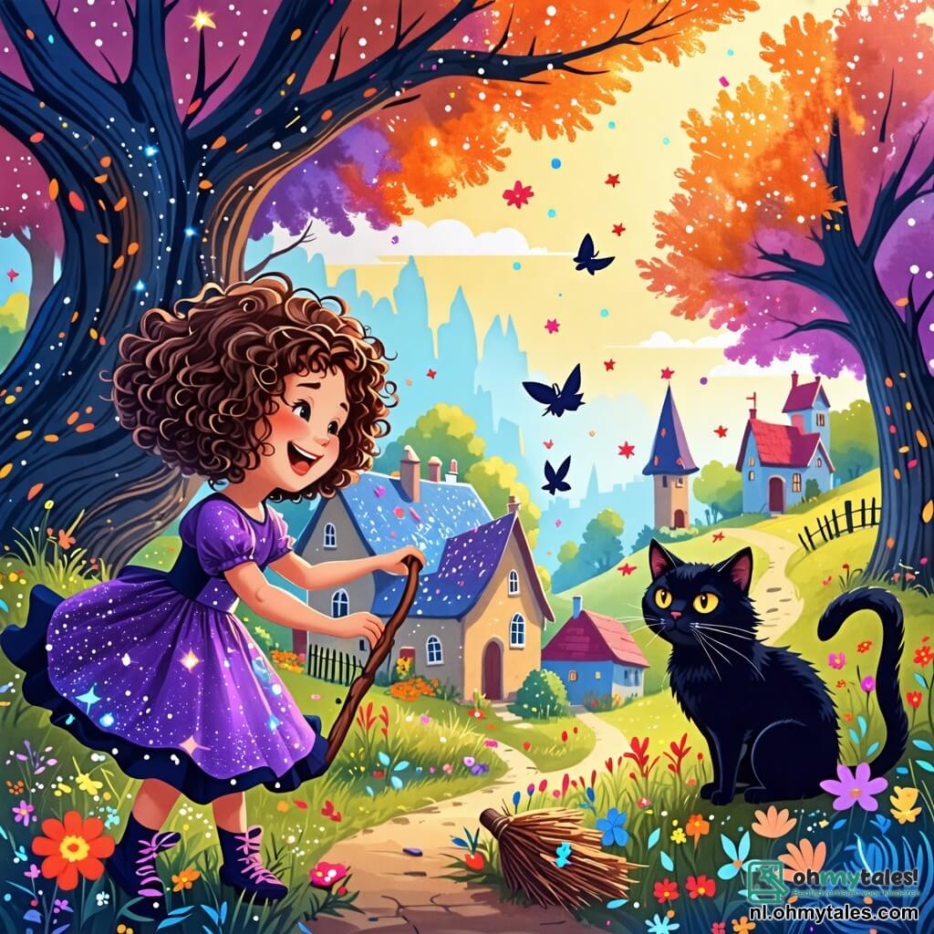 Une illustration sous forme de dessin destinée aux enfants représentant un village coloré et magique avec des arbres géants aux feuilles scintillantes, où une jeune sorcière aux cheveux bouclés et à la robe violette ornée de paillettes, perchée sur une balai en bois, tente de maîtriser une formule magique tout en riant, tandis qu'un chat noir, aux yeux pétillants et au pelage duveteux, observe avec curiosité et amusement, alors qu'une nuée de fleurs colorées s'envolent autour d'eux dans une explosion de couleurs joyeuses.
