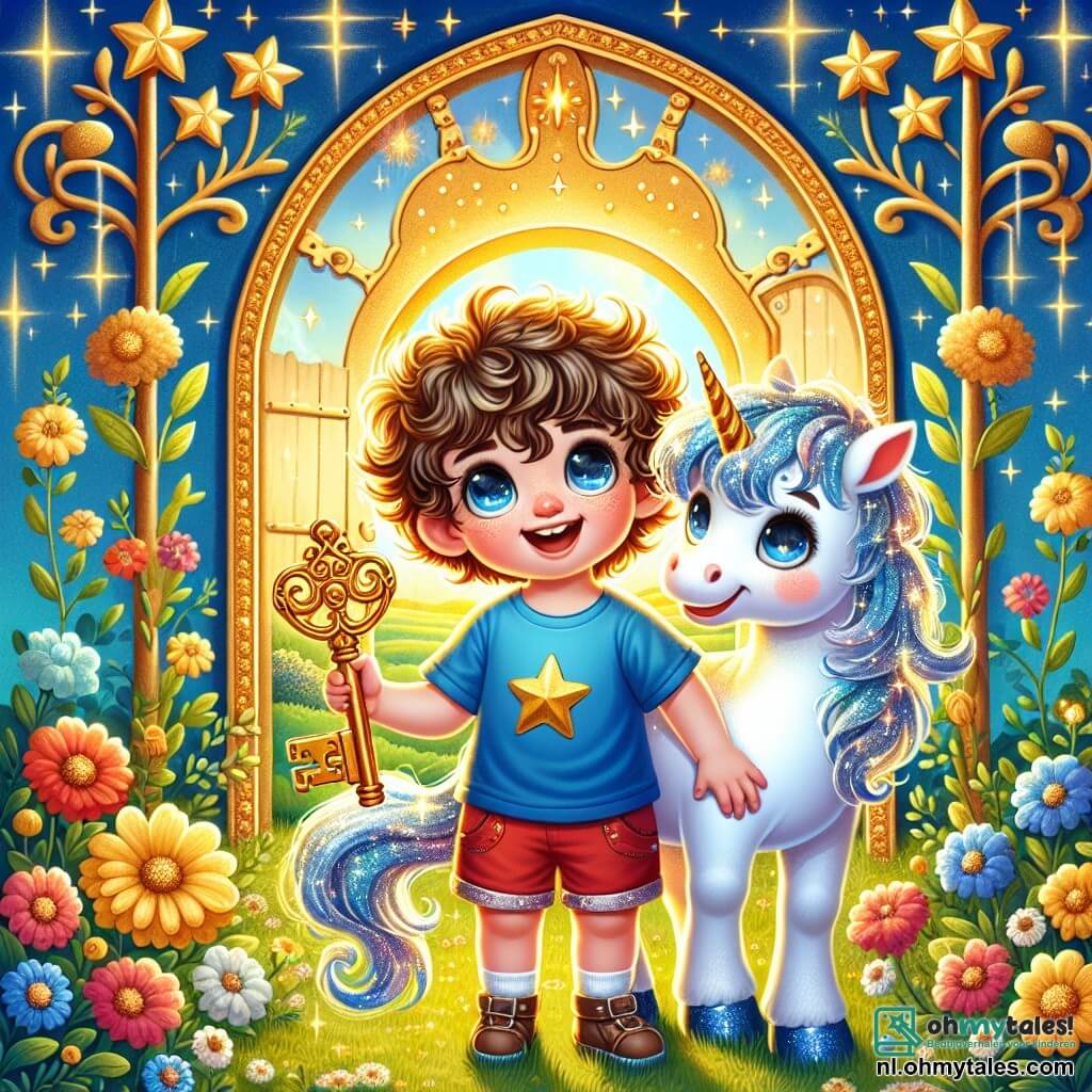Une illustration sous forme de dessin destinée aux enfants représentant une magnifique clairière enchantée, baignée de lumière dorée, avec un petit garçon de 3 ans aux cheveux bouclés et aux yeux pétillants, portant un t-shirt bleu et un short rouge, qui sourit joyeusement tout en tenant une clé dorée dans sa main, aux côtés d'une adorable unehoorn aux crins scintillants et à la robe blanche, qui exprime sa joie, alors qu'ils se tiennent devant une majestueuse porte étoilée, prête à s'ouvrir vers un monde magique rempli de fleurs chantantes et de créatures fantastiques.