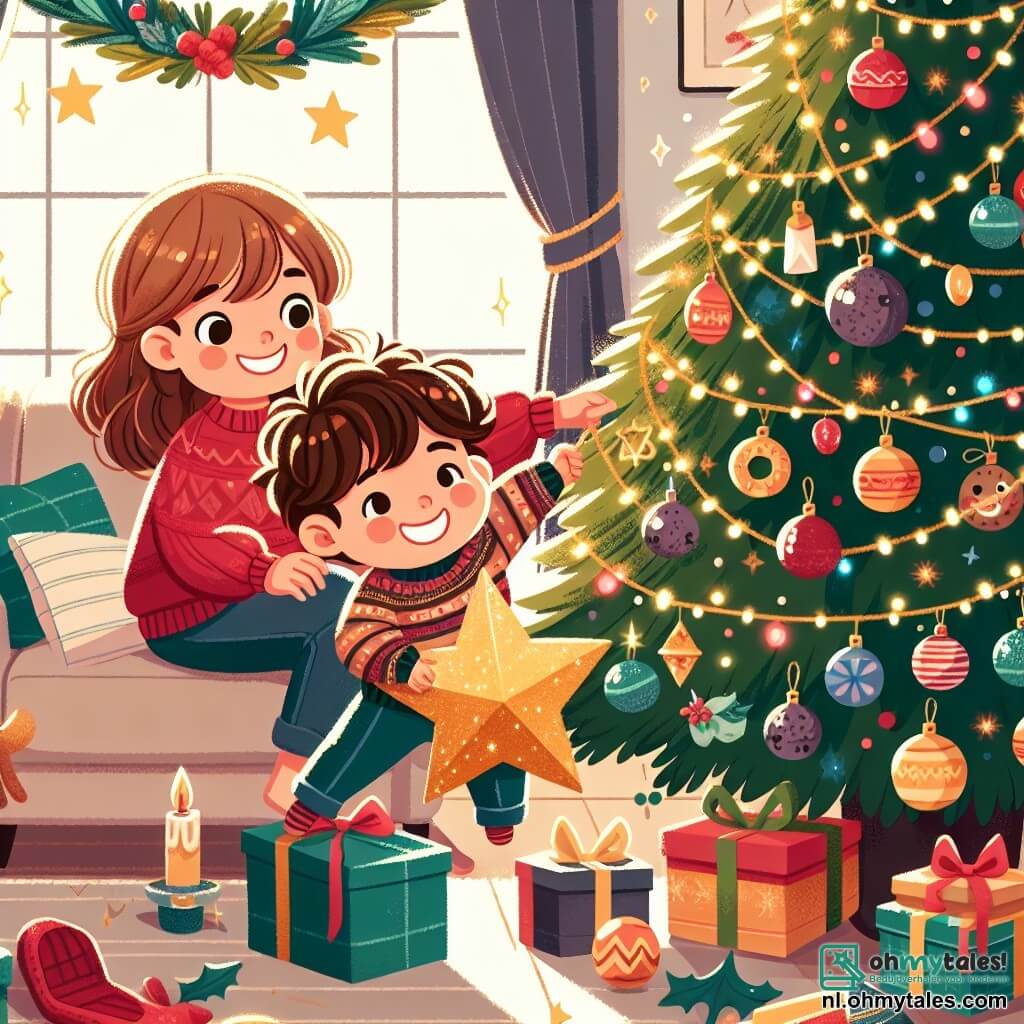 Une illustration sous forme de dessin destinée aux enfants représentant un salon chaleureux décoré pour Noël, avec une belle arbre de Noël scintillant de lumières et de décorations colorées, un petit garçon de 1 an aux cheveux bruns et bouclés, souriant et tenant une grande étoile dorée, tandis qu'une maman aux cheveux longs et châtains, vêtue d'un pull rouge, l'aide à remettre les décorations sur l'arbre après une petite chute, créant une ambiance joyeuse et festive pleine de rires et d'amour.
