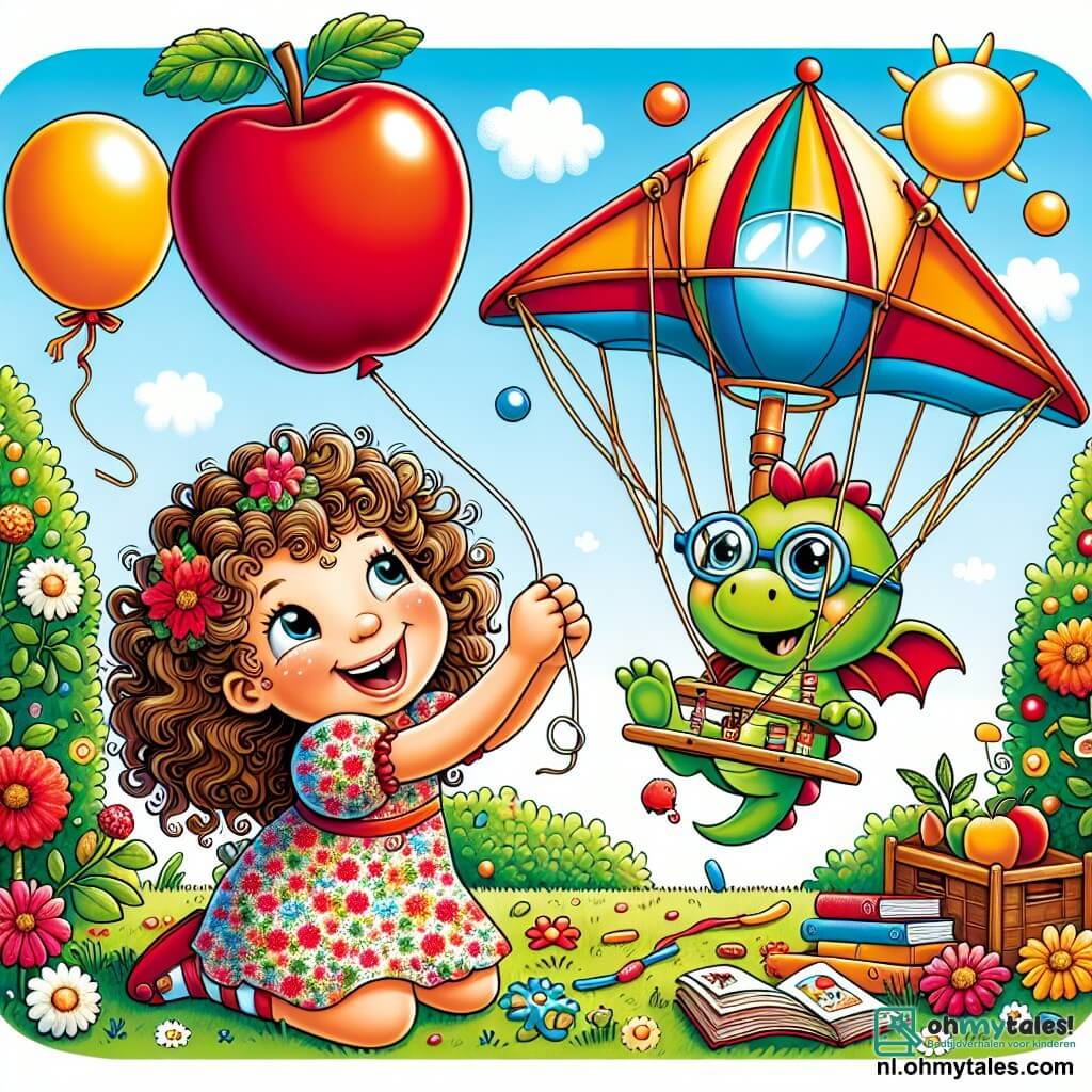 Une illustration sous forme de dessin destinée aux enfants représentant un jardin coloré et ensoleillé, avec une grande pomme rouge et un ciel bleu éclatant, où une fille de 9 ans aux cheveux bouclés et aux yeux pétillants, vêtue d'une robe à fleurs, rit joyeusement en essayant de faire voler une drôle de machine bricolée avec un petit dragon vert portant des lunettes, qui se débat joyeusement à ses côtés, alors qu'ils tentent ensemble de s'envoler dans les airs, entourés de ballons colorés flottant autour d'eux.