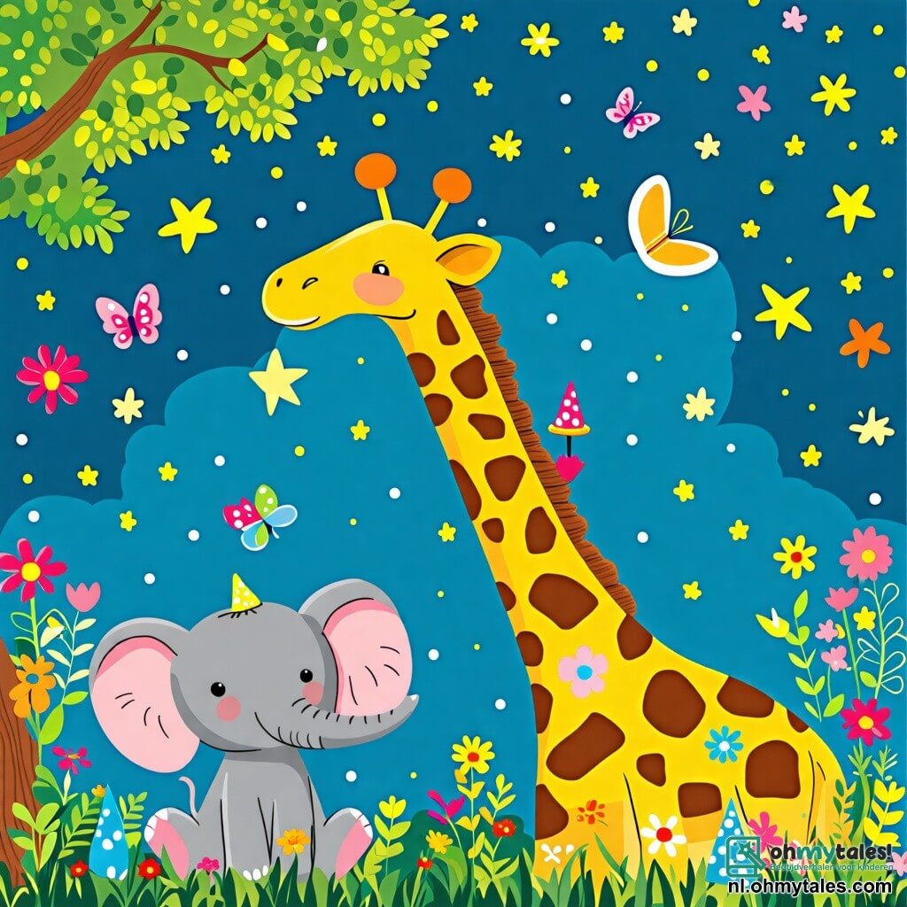 Une illustration sous forme de dessin destinée aux enfants représentant une savane ensoleillée avec des arbres verdoyants, où une girafe au long cou et au pelage tacheté de jaune et de brun se tient joyeusement en train de tendre la tête vers une branche pour attraper un chapeau coloré, tandis qu'un petit éléphant gris aux grandes oreilles l'observe avec émerveillement, tous deux prêts à organiser une fête sous un ciel étoilé, entourés de fleurs colorées et de papillons virevoltants.