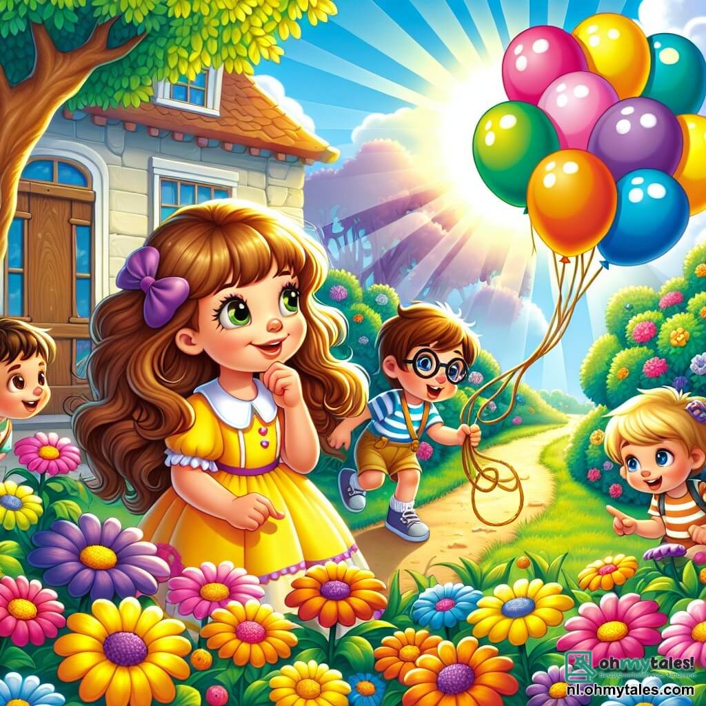 Illustratie van een zonnige scène in een kleurrijke tuin, vol met felle bloemen in alle kleuren. In het midden staat een meisje van 5 jaar met lange, golvende kastanjebruine haren, gekleed in een mooie gele jurk. Ze heeft grote nieuwsgierige ogen en een stralende glimlach terwijl ze verwonderd naar een groep kleurrijke ballonnen kijkt die de blauwe lucht in stijgen. Naast haar staan twee vrienden: een jongen van 6 jaar met ronde bril en een gestreept t-shirt, die geconcentreerd een stuk touw vasthoudt, en een meisje van 5 jaar met een grote paarse strik in haar haren, die naar de ballonnen wijst en van blijdschap uitroept. De hoofdscène toont de kinderen die bezig zijn met een onderzoek, op zoek naar de oorsprong van de opstijgende ballonnen. Op de achtergrond is een oud huis te zien met een houten deur, groene bomen en een grote schaduw van een majestueuze boom, wat een sfeer van avontuur en mysterie creëert. Kleurrijke bloemen omringen de kinderen en voegen een vleugje magie toe aan deze vrolijke scène.