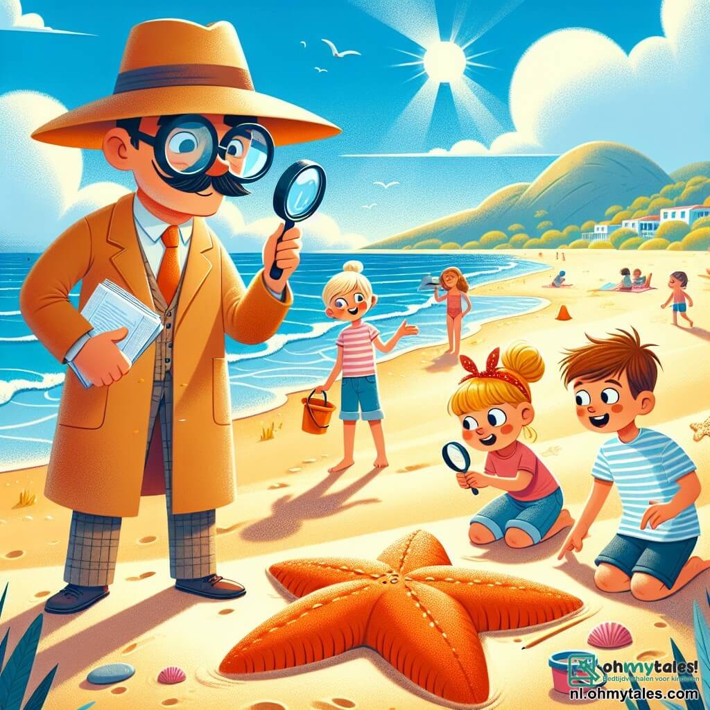 Illustratie van een scène op een zonnig strand, met zachte golven die op het gouden zand breken. In de verte spelen kinderen vrolijk en bouwen ze een zandkasteel, terwijl een grote oranje zeester onder de zon glinstert. Op de voorgrond staat een man met een detective-uiterlijk, die een grote loep in de ene hand en een notitieboek in de andere houdt. Hij draagt een iets te grote hoed, heeft een bril met een glazen lens en een nieuwsgierige glimlach op zijn gezicht. Zijn blik is oplettend, terwijl hij de omgeving afspeurt naar aanwijzingen. Naast hem wijst een klein jongetje van ongeveer 8 jaar, met messy blond haar en een gestreept t-shirt, enthousiast naar de plek waar de zeester is verdwenen. Dichtbij kijkt een klein meisje van ongeveer 6 jaar, met een rode haarband, met grote ogen en houdt een zandemmer vast. De hoofdscène toont de detective die de kinderen ondervraagt over de mysterieuze verdwijning van de zeester, met voetafdrukken in het zand en schelpen verspreid om hen heen. De lucht is blauw met enkele witte wolken, en de sfeer is gevuld met een gevoel van avontuur en mysterie.