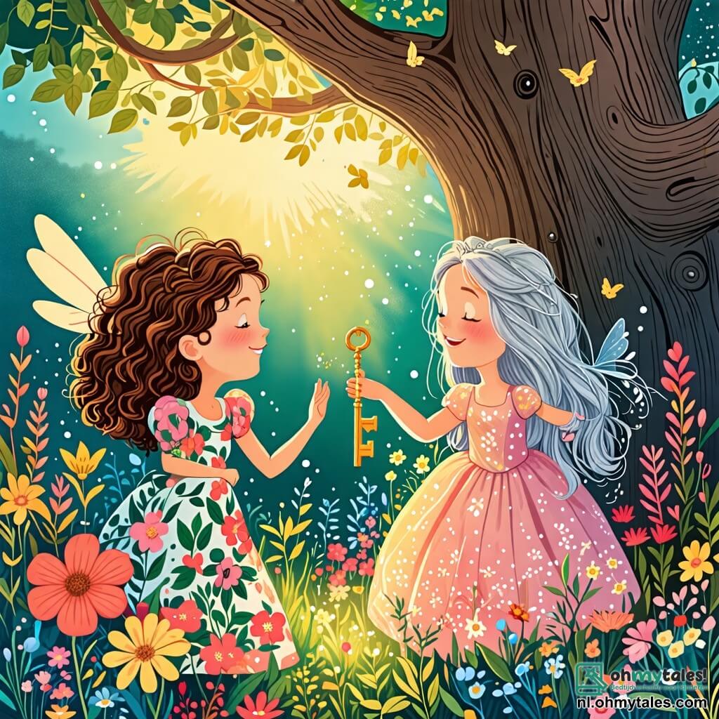 Une illustration sous forme de dessin destinée aux enfants représentant une magnifique jardin coloré rempli de fleurs dansantes, où une femme aux cheveux longs et bouclés, vêtue d'une robe florale, sourit émerveillée en tenant une petite clé dorée, tandis qu'une petite fée aux ailes scintillantes et aux cheveux argentés, flottant à côté d'elle, lui montre une porte magique dans un grand arbre, symbolisant l'ouverture vers un monde de merveilles et de respect pour la nature.