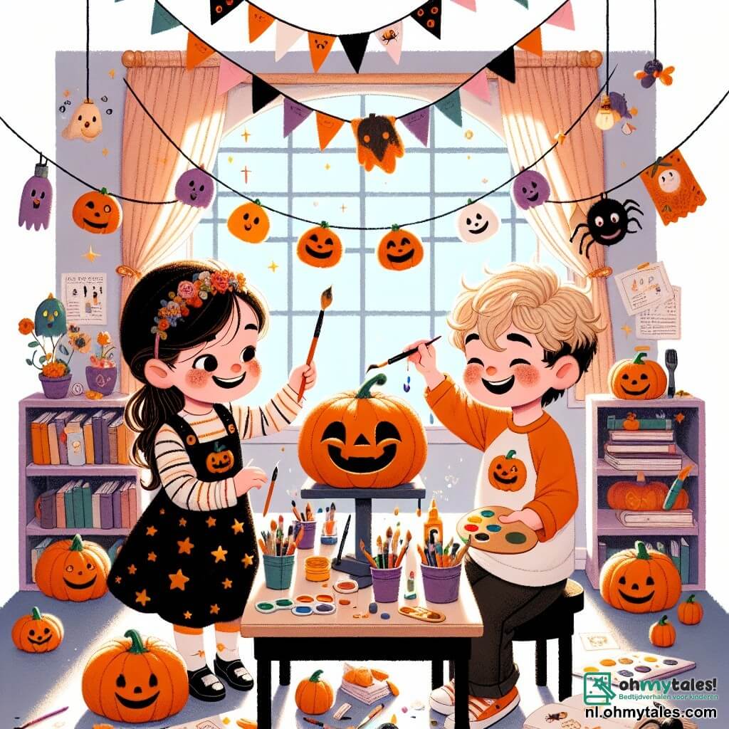 Illustratie van een klaslokaal versierd voor Halloween, met kleurige slingers en pompoenen in de vorm van glimlachende gezichten aan de muren. In het midden zit een 3-jarig jongetje met bruin, krullend haar, gekleed in een oranje t-shirt met een pompoenmotief, terwijl hij met een grote glimlach een kleine pompoen schildert. Naast hem staat een 3-jarig meisje met blond, gevlochten haar, gekleed in een zwarte jurk met gouden sterren, die een palet met verf vasthoudt en verwonderd naar de pompoen van het jongetje kijkt. Ze zijn omringd door open boeken en Halloween-objecten, zoals plastic spinnen en papieren spoken, terwijl een zacht licht door het raam valt en een magische en vrolijke sfeer creëert.