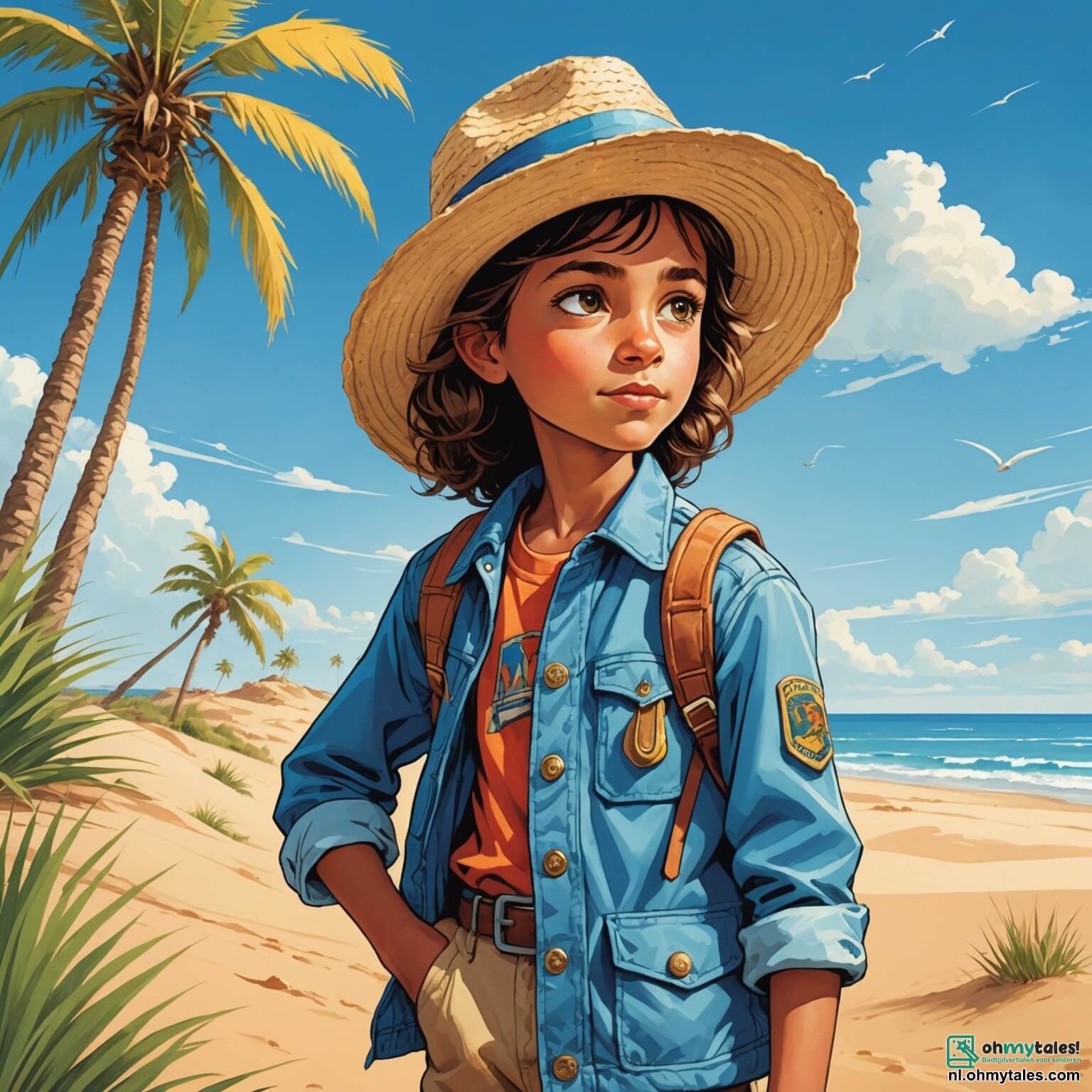 Une illustration destinée aux enfants représentant une jeune exploratrice intrépide aux yeux pétillants de curiosité, vêtue d'un chapeau de paille orné de plumes colorées et d'une veste en toile, se tenant au bord d'une vaste mer de dunes dorées sous un ciel azur, où des palmiers dansent doucement au gré du vent chaud, tandis qu'elle scrute l'horizon à la recherche d'une légendaire oasis cachée, accompagnée de son sage oncle, un homme âgé à la barbe grise et aux histoires fascinantes, qui lui enseigne les secrets des anciennes civilisations perdues, alors qu'ils s'aventurent ensemble dans ce monde mystérieux, peuplé de créatures fantastiques et de trésors oubliés.