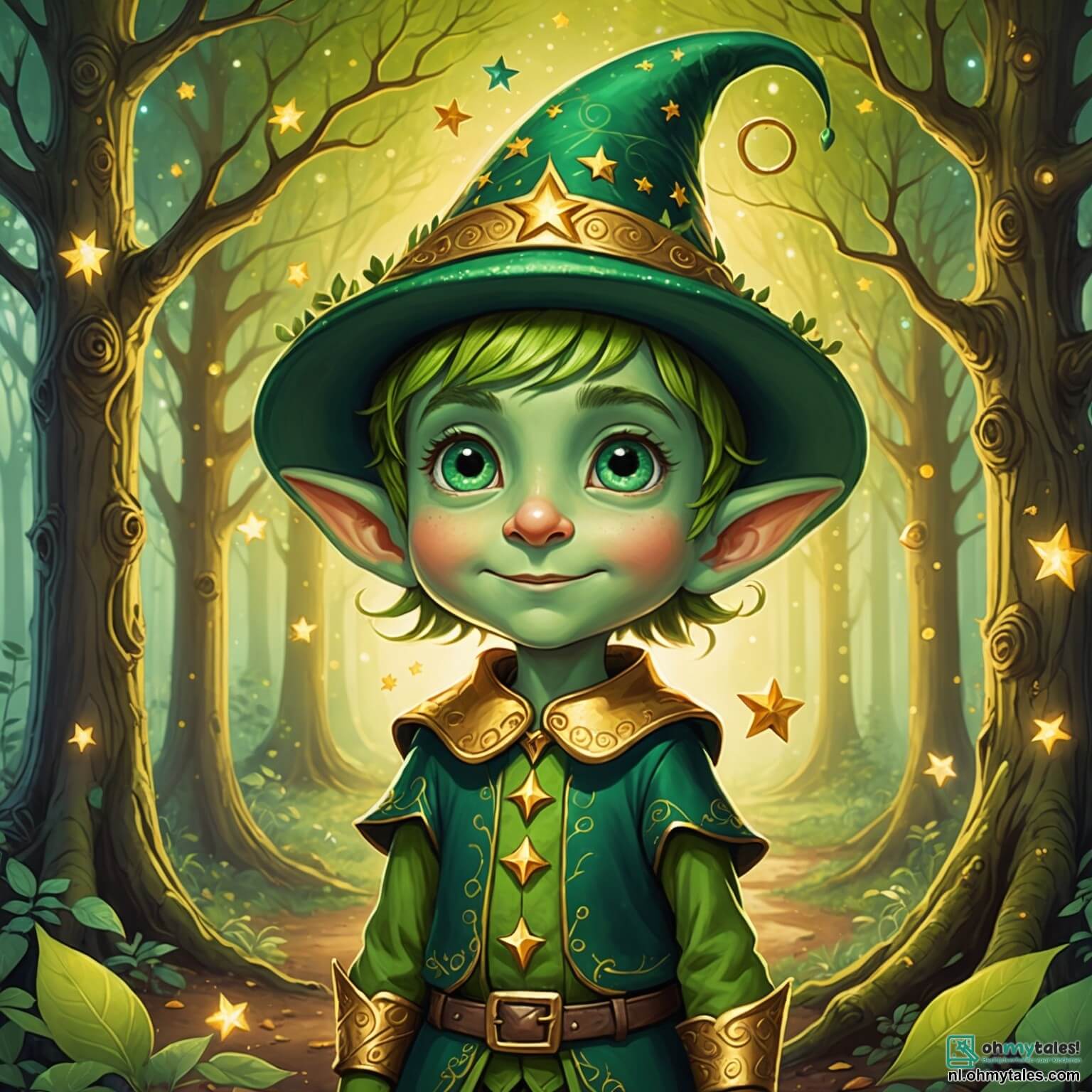 Une illustration destinée aux enfants représentant un lutin espiègle aux yeux pétillants et à la peau d'un vert éclatant, portant un chapeau coloré qui scintille comme les étoiles, se tenant courageusement au cœur d'une forêt enchantée où les arbres majestueux aux troncs noueux s'élèvent vers le ciel, leurs feuilles vibrantes de mille teintes de vert et d'or, tandis qu'une douce lumière dorée filtre à travers les branches, illuminant le chemin sinueux bordé de fleurs multicolores et de champignons aux formes étranges, alors qu'il se lance dans une quête palpitante pour retrouver la précieuse étoile de confiance, accompagné de ses fidèles amis, une petite fée aux ailes translucides et scintillantes, qui vole autour de lui avec enthousiasme, et un sage hibou aux plumes argentées, perché sur une branche, qui prodigue des conseils avisés dans cette aventure magique où la camaraderie et la bravoure sont mises à l'épreuve.