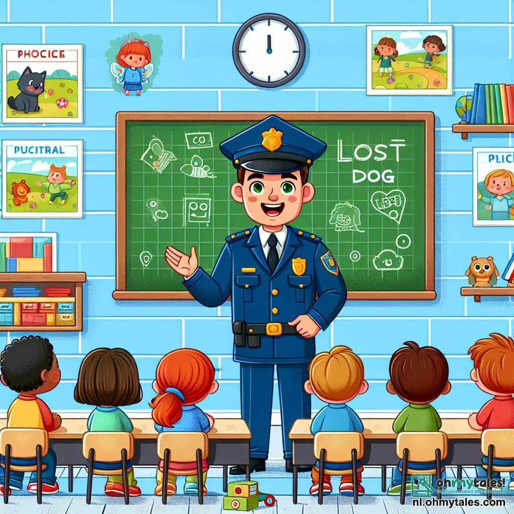 Une illustration sous forme de dessin destinée aux enfants représentant une salle de classe lumineuse avec des murs colorés et des affiches éducatives, où un homme policier souriant, portant un uniforme bleu et une casquette, se tient devant des enfants curieux, principalement des garçons et des filles aux yeux écarquillés, assis sur leurs chaises, écoutant attentivement alors qu'il raconte une histoire captivante sur un chien perdu qu'il a aidé, avec un tableau noir en arrière-plan et des jouets éparpillés sur les bureaux.