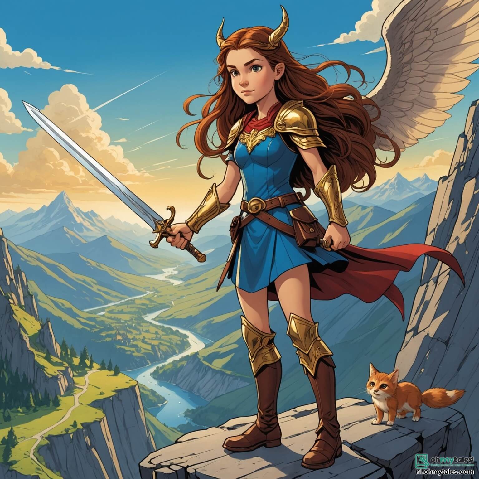 Une illustration destinée aux enfants représentant une jeune femme intrépide aux longs cheveux ondulés couleur châtaigne, ses yeux pétillants de détermination, brandissant un épée scintillante tout en se tenant au bord d'une falaise surplombant un royaume enchanteur où des montagnes majestueuses aux cimes dorées se dressent contre un ciel azur, tandis qu'un petit être ailé, un garçon espiègle aux grandes oreilles et à la queue touffue, vole à ses côtés, l'encourageant dans sa quête pour retrouver une pierre magique volée par une sorcière maléfique, tout cela se déroulant dans le mystérieux royaume d'Aetheria, où des forêts luxuriantes aux arbres dansants et des rivières scintillantes créent un paysage féerique rempli de créatures fantastiques et de secrets à découvrir.