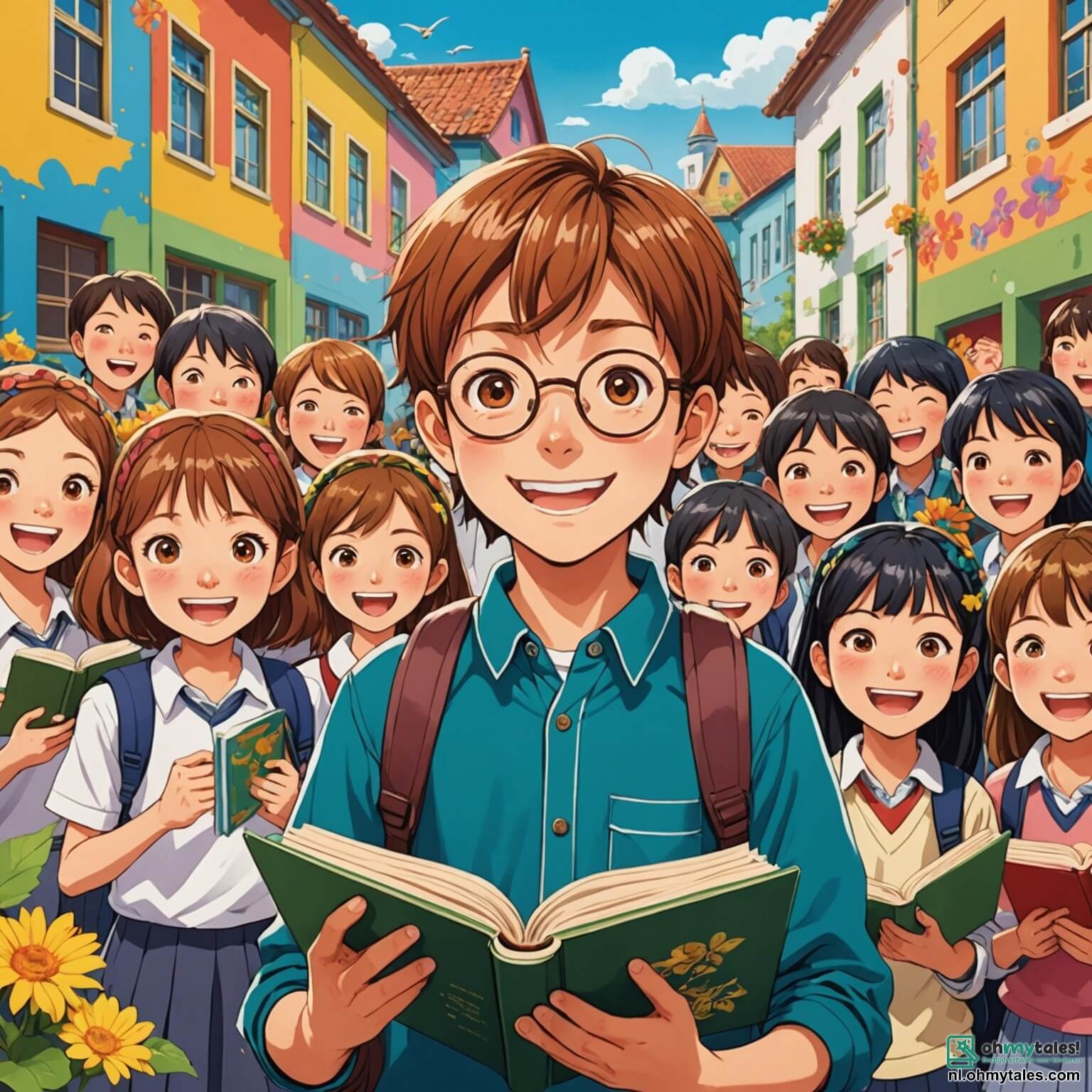 Une illustration destinée aux enfants représentant un garçon aux cheveux châtains, les yeux pétillants d'excitation et de nervosité, se tenant devant l'école aux murs colorés, ornés de fresques joyeuses et de fleurs éclatantes, tandis qu'il observe ses camarades de classe, dont une fille aux tresses dorées qui rit avec ses amis, et un autre garçon à lunettes qui feuillette un livre, tous impatients de découvrir les nouvelles aventures de la rentrée des classes dans cette cour ensoleillée où les rires résonnent et où l'odeur des crayons neufs flotte dans l'air.