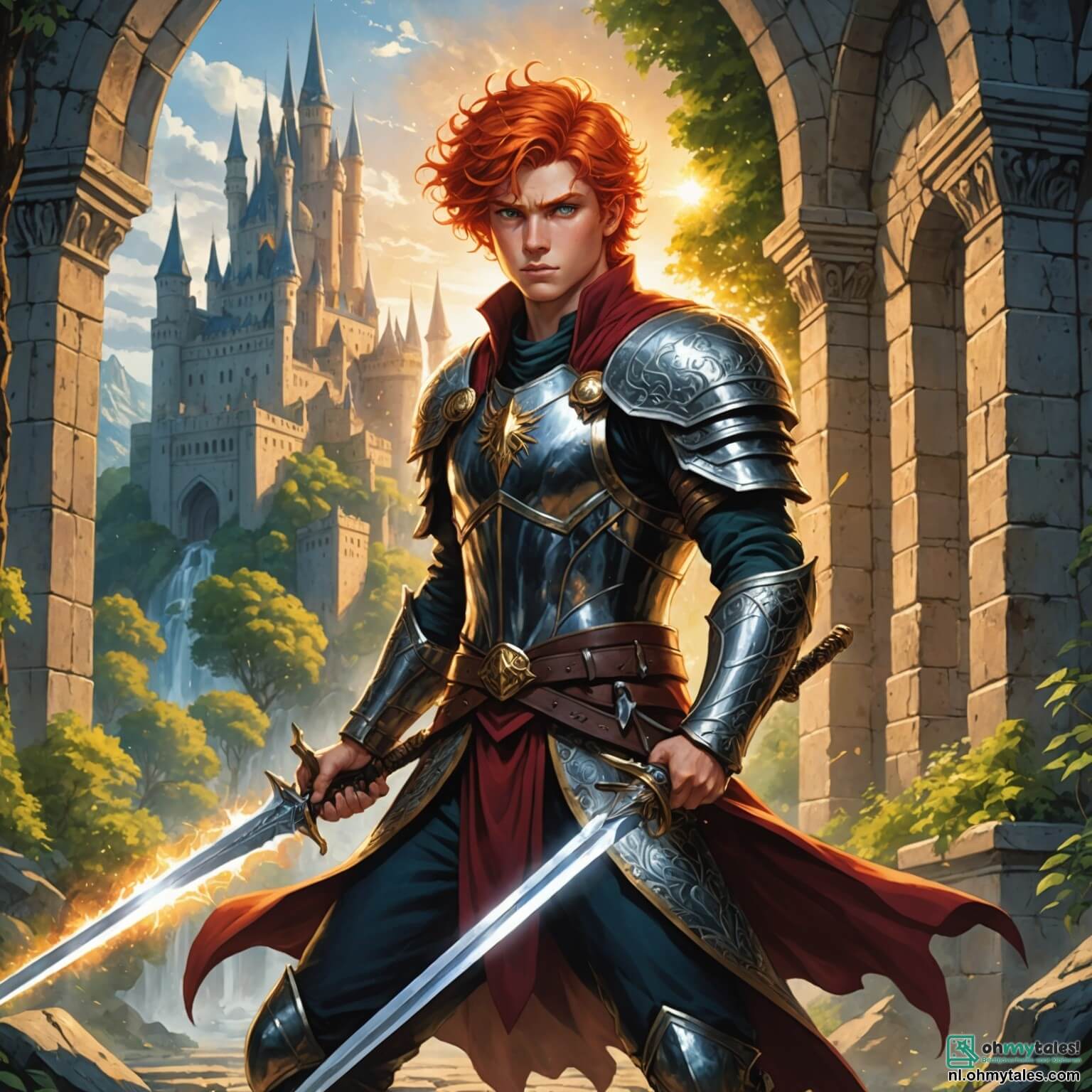 Une illustration destinée aux enfants représentant un jeune homme à la chevelure flamboyante et aux yeux pétillants de détermination, brandissant un épée scintillante dans une main, se tenant vaillamment devant les majestueuses murailles de la ville de Thalorien, où les rayons du soleil dansent sur les cristaux étincelants qui forment ses remparts, tandis qu'en arrière-plan, une forêt dense et mystérieuse s'étend à perte de vue, abritant des créatures magiques et des elfes gracieux, dont l'une, une jeune femme aux cheveux d'or et aux yeux émeraude, se tient à ses côtés, prête à l'aider dans sa quête pour retrouver une pierre magique convoitée par des forces obscures qui menacent leur paisible royaume.