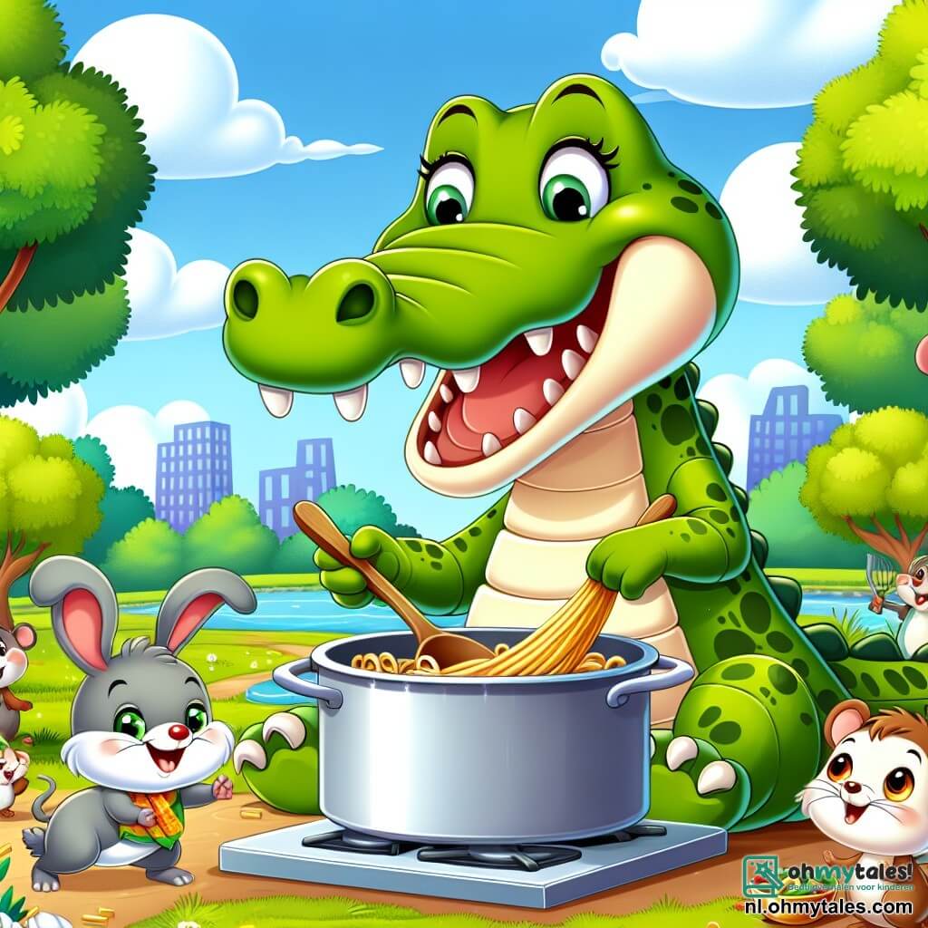 Une illustration sous forme de dessin destinée aux enfants représentant un grand parc coloré avec des arbres verdoyants et un ciel bleu, où une joyeuse crocodile aux écailles vertes et au large sourire prépare une grande casserole de pâtes au milieu d'une scène animée, entourée de ses amis : un petit lapin aux grandes oreilles qui danse avec enthousiasme et une souris espiègle qui observe avec des yeux brillants, alors qu'un groupe d'animaux curieux se regroupe autour d'eux, impatients de goûter à la délicieuse recette de la crocodile.