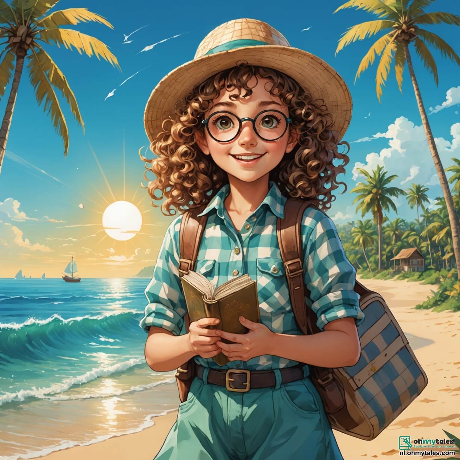 Une illustration destinée aux enfants représentant une jeune fille intrépide aux cheveux bouclés et aux yeux pétillants d'excitation, vêtue d'une chemise à carreaux et d'un chapeau d'exploratrice, se tenant sur une plage dorée bordée de palmiers dansants, face à une mer turquoise scintillante sous le soleil éclatant, tenant une vieille carte au trésor dans ses mains, tandis qu'à ses côtés, un vieux scientifique à lunettes, aux cheveux gris et à la barbe soignée, l'observe avec un sourire bienveillant, tous deux prêts à se lancer dans une aventure palpitante à la recherche d'une mystérieuse île remplie de trésors cachés et de créatures exotiques, tout en se méfiant d'un redoutable pirate à la barbe noire, dont le navire aux voiles noires se profile à l'horizon, menaçant de perturber leur quête.