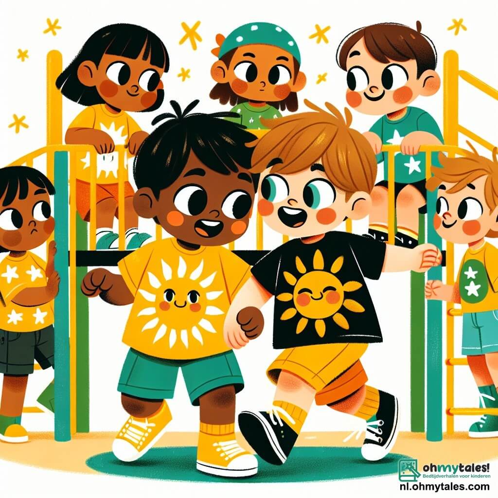 Une illustration sous forme de dessin destinée aux enfants représentant une cour de récréation ensoleillée, avec un petit garçon de 3 ans aux cheveux bruns et aux yeux pétillants, portant un T-shirt jaune avec une grande soleil, souriant et jouant avec un autre garçon de 4 ans, aux cheveux blonds et aux yeux bleus, qui porte un T-shirt noir avec des étoiles vertes, tous deux riant et s'amusant ensemble, tandis qu'un groupe d'enfants aux styles variés les observe avec curiosité, illustrant la tolérance et l'amitié malgré leurs différences.
