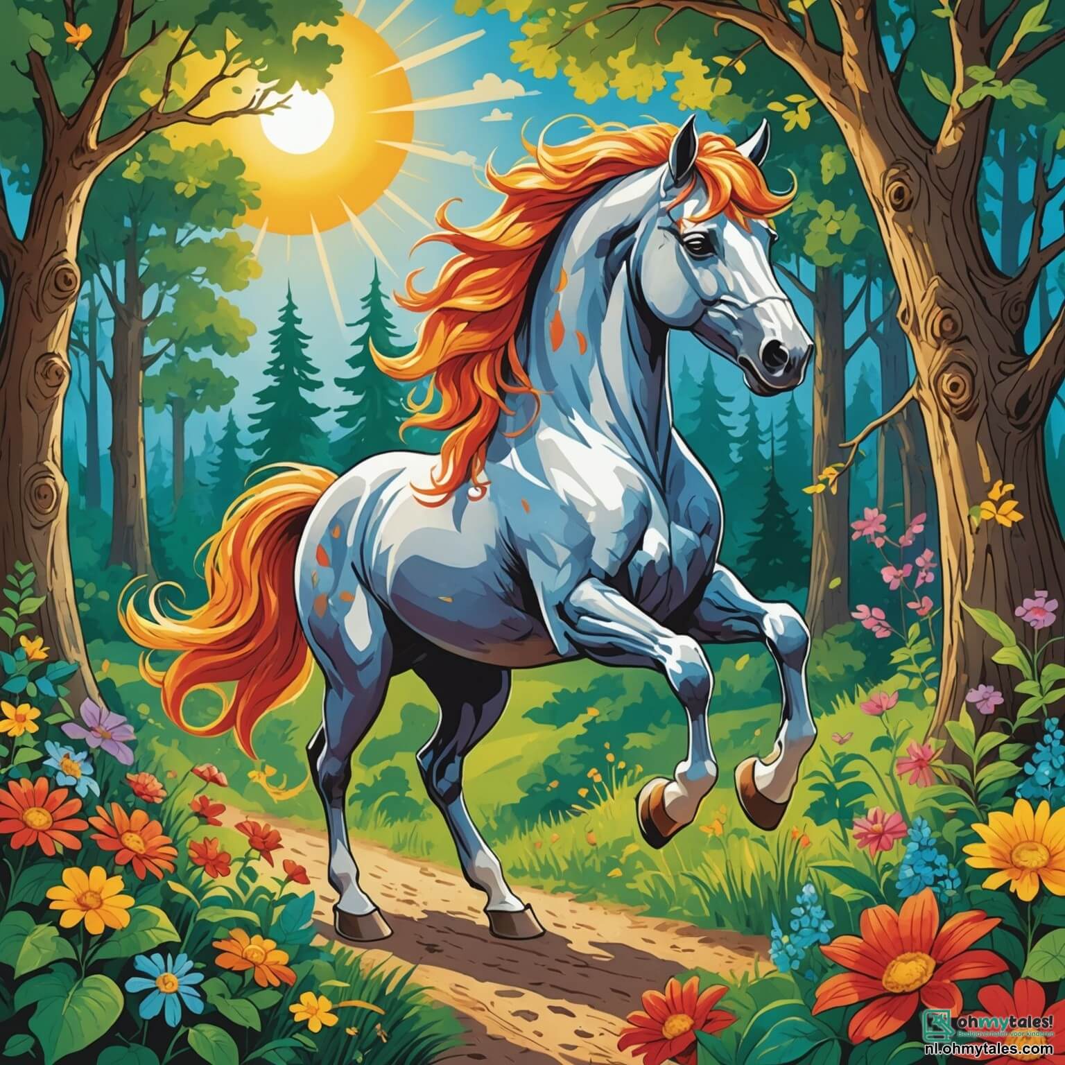 Une illustration destinée aux enfants représentant un majestueux cheval à la crinière flamboyante, galopant avec détermination à travers une forêt enchantée où les rayons du soleil filtrent à travers les feuilles verdoyantes, illuminant les fleurs colorées qui dansent au rythme du vent, tandis qu'il s'active à alerter ses amis, un petit lapin espiègle aux grandes oreilles et une sage chouette perchée sur une branche, d'une tempête menaçante qui approche, créant une atmosphère à la fois magique et pleine de suspense dans ce havre de paix où les animaux vivent en harmonie.
