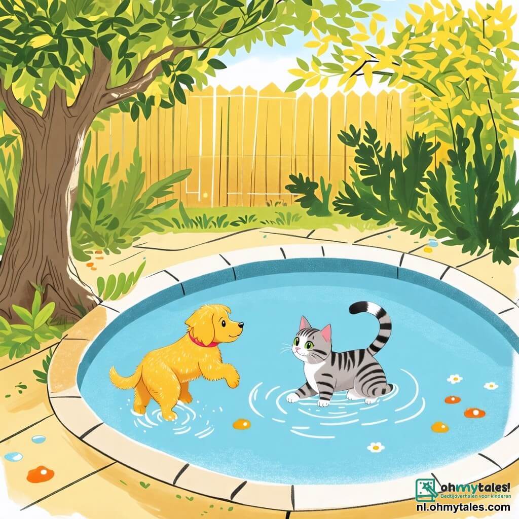 Une illustration sous forme de dessin destinée aux enfants représentant un jardin ensoleillé avec une grande, scintillante piscine au centre, où un petit chien aux poils dorés et aux yeux pétillants joue joyeusement en sautant autour de la piscine, tandis qu'une petite chatte aux poils gris et aux yeux timides observe depuis l'ombre d'un arbre, montrant une scène de camaraderie et d'aventure où le chien encourage la chatte à surmonter sa timidité et à s'amuser ensemble.