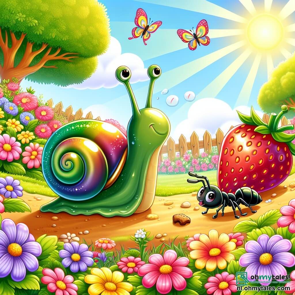 Illustratie van een zonnige scène in een kleurrijke tuin, vol met heldere bloemen met roze, gele en paarse bloemblaadjes, met groene bomen op de achtergrond. In het midden beweegt een glanzige slak met een glanzende groene schelp langzaam over een zandpad, met een vastberaden blik op zijn gezicht. Naast hem draagt een kleine mier, met een zwart lichaam en trappelende antennes, een kruimel brood op zijn rug en kijkt nieuwsgierig naar de slak. Op de achtergrond vliegt een vrolijke vlinder met kleurrijke vleugels rond de bloemen, wat een vleugje magie aan de scène toevoegt. De slak en de mier zijn in volle discussie, terwijl ze hun zoektocht plannen naar de grootste aardbei van de tuin, terwijl een grote sappige, rode en smakelijke aardbei aan de horizon opdoemt, hun aandacht trekkend.