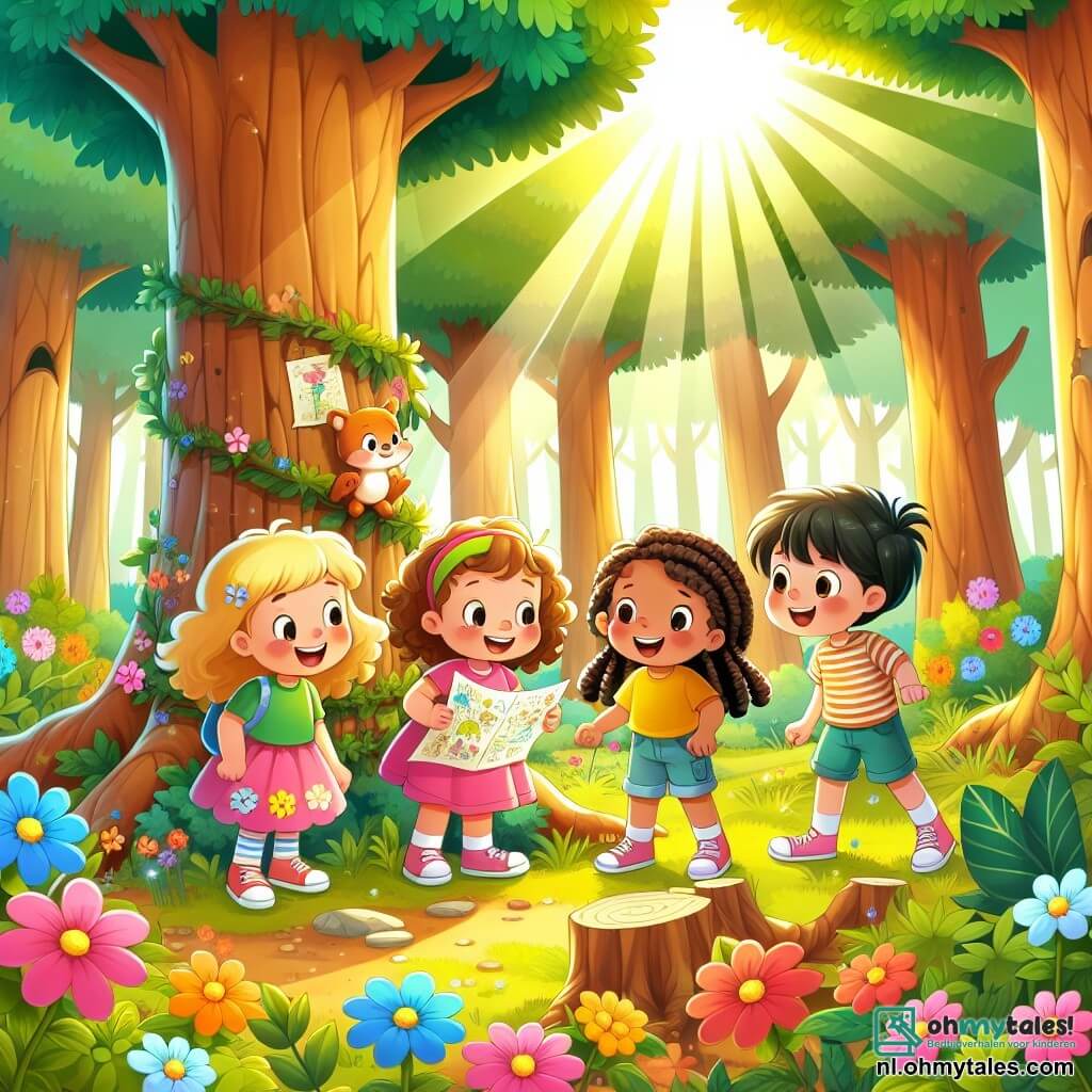 Illustratie die een zonnige scène in een magisch bos weergeeft, met grote bomen met dikke stammen en bladeren in een stralend groen. Kleurrijke bloemen bedekken de grond, en een zachte zonnestraal filtert door de takken, wat een warme en uitnodigende sfeer creëert. In het midden van de afbeelding zijn vier meisjes, ongeveer 8 tot 10 jaar oud, samengekomen. Een van hen, met krullend blond haar, draagt een roze jurk en heeft een grote glimlach terwijl ze een schatkaart vasthoudt. Een ander meisje, met glad bruin haar, draagt een gele t-shirt en kijkt nieuwsgierig naar de kaart. De derde, met rood gevlochten haar, draagt een bloemenrok en lacht terwijl ze naar een boomschors wijst. De laatste, met zwart haar in een paardenstaart, is gekleed in een blauwe short en hurkt om een klein houten laddertje te bekijken. De hoofdscène toont de meisjes die op schattenjacht zijn, omringd door gelach en opwinding, terwijl een nieuwsgierige eekhoorn hen vanaf een tak in de gaten houdt, wat een vleugje magie aan de scène toevoegt. Grafische elementen zoals een kleurrijke schatkaart, een versierde houten doos en verspreide snoepjes rondom hen completeren de illustratie en roepen de geest van avontuur en kameraadschap van het verhaal op.