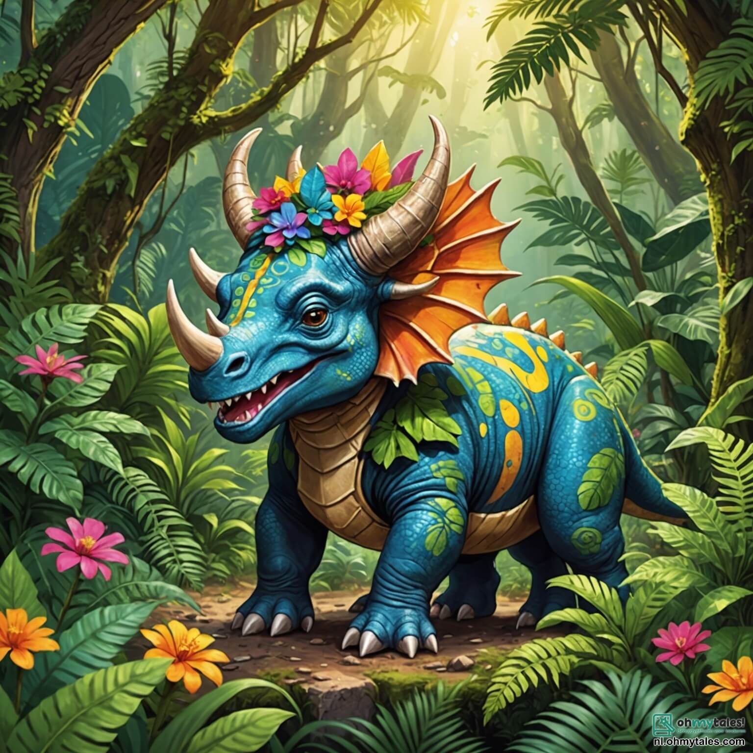 Une illustration destinée aux enfants représentant un tricératops joyeux avec une crête colorée et trois cornes majestueuses, explorant une jungle luxuriante où les rayons du soleil filtrent à travers le feuillage dense, illuminant des fleurs éclatantes et des fougères luxuriantes, tandis qu'il découvre une mystérieuse pierre magique qui exauce des souhaits, entouré de ses nouveaux amis, un rapide velociraptor aux plumes chatoyantes et un grand T-Rex au cœur tendre, tous prêts à vivre des aventures palpitantes dans ce monde préhistorique vibrant de vie et de couleurs.