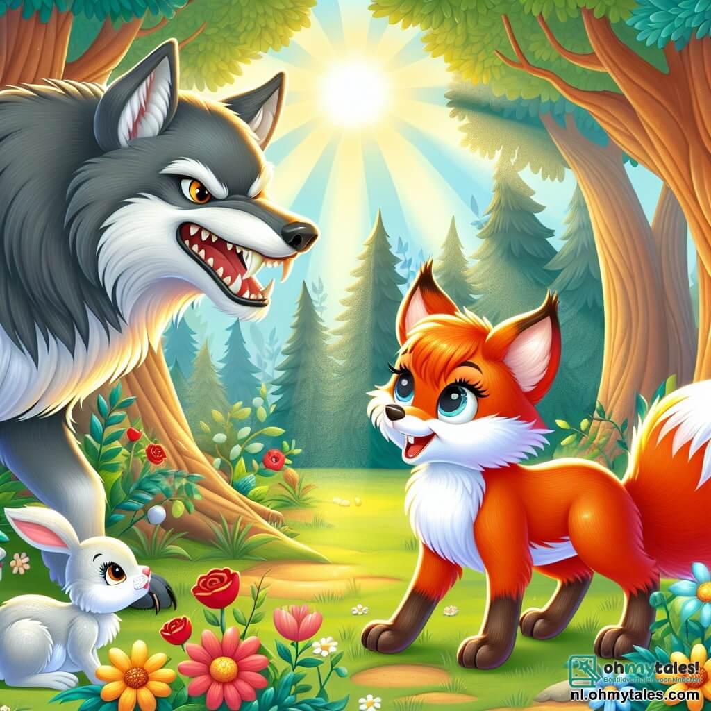 Une illustration sous forme de dessin destinée aux enfants représentant une scène vibrante dans une clairière ensoleillée du bois, où un renard à la fourrure rougeoyante et aux yeux pétillants, avec une grande queue duveteuse, se tient courageusement face à un grand loup gris aux dents brillantes, tandis qu'un petit lapin blanc aux oreilles dressées observe avec inquiétude, capturant le moment où le renard tente de convaincre le loup de renoncer à ses intentions menaçantes pour rejoindre la fête joyeuse des animaux, entourés de fleurs colorées et d'arbres majestueux.