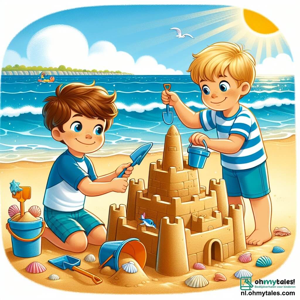 Une illustration sous forme de dessin destinée aux enfants représentant une plage ensoleillée avec du sable doré et des vagues scintillantes, où un garçon de 9 ans aux cheveux bruns et aux yeux pétillants, portant un maillot de bain bleu, construit un grand château de sable avec une pelle et un seau, tandis qu'un autre garçon de son âge, aux cheveux blonds et portant un t-shirt rayé, l'aide en ajoutant des coquillages décoratifs, le tout sous un ciel bleu parsemé de quelques nuages blancs, illustrant l'esprit joyeux des vacances d'été et l'amitié naissante entre les deux enfants.