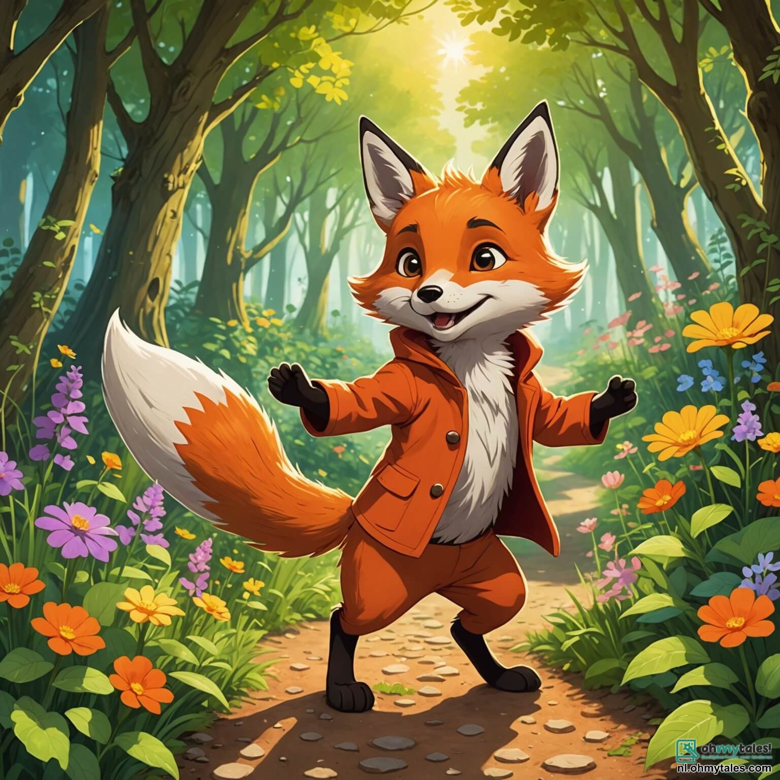Une illustration destinée aux enfants représentant un renard espiègle au pelage flamboyant, avec une queue touffue qui semble danser au rythme de ses pensées malicieuses, se faufilant à travers une forêt enchantée où les rayons du soleil filtrent à travers les feuillages verdoyants, illuminant les fleurs colorées qui bordent le sentier, tandis qu'il prépare une surprise hilarante pour son ami le lapin aux grandes oreilles, qui adore les carottes, tout en évitant les regards curieux des autres animaux, comme la sage chouette perchée sur une branche et la joyeuse écureuil qui s'amuse à jongler avec des noisettes, créant ainsi une atmosphère pleine de rires et d'amitié au cœur de ce havre de paix naturel.