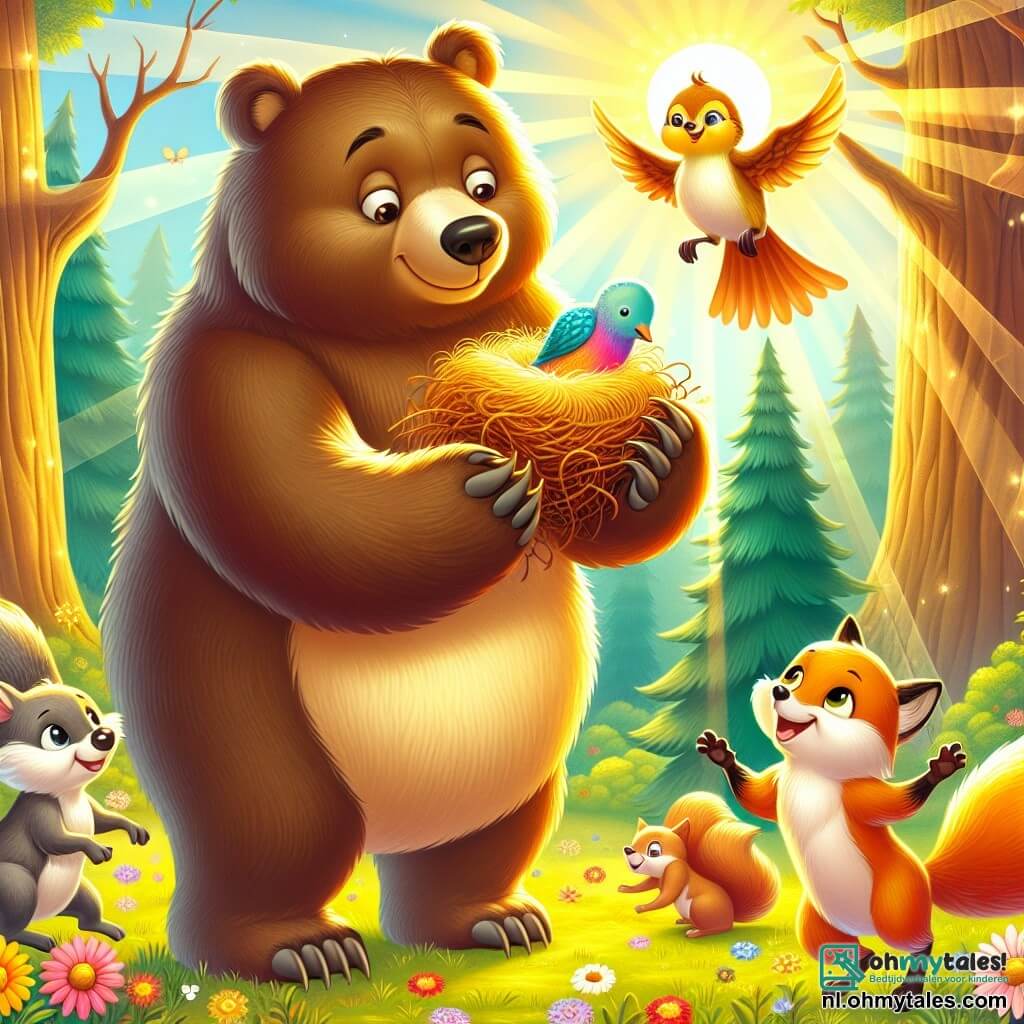 Une illustration sous forme de dessin destinée aux enfants représentant une clairière ensoleillée dans un forêt enchantée, où un grand ours au pelage doré et aux yeux doux, se tient debout sur ses pattes arrière, tenant délicatement un nid d'oiseau dans ses pattes avant, tandis qu'une petite renarde rusée au pelage roux et un joyeux écureuil aux yeux pétillants sautillent autour de lui, tous exprimant de la joie et de l'excitation alors qu'ils aident un petit oiseau coloré à retrouver son nid perdu, avec des fleurs éclatantes et des arbres majestueux en arrière-plan, créant une atmosphère chaleureuse et amicale.