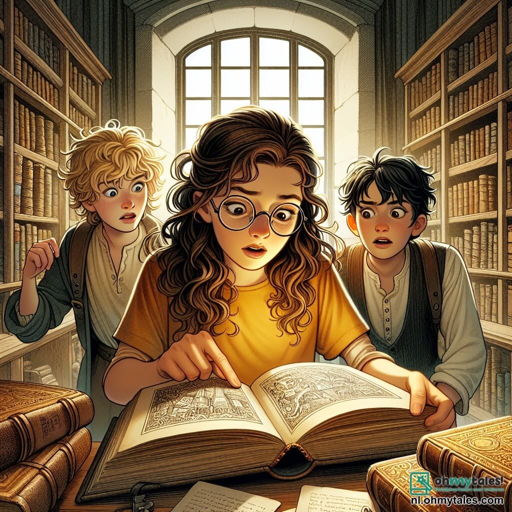 Une illustration sous forme de dessin destinée aux enfants représentant une bibliothèque chaleureuse, avec des étagères remplies de livres anciens et une lumière douce filtrant à travers une fenêtre, où une fille de 11 ans aux cheveux bruns et bouclés, portant un t-shirt jaune et des lunettes, examine attentivement un vieux livre avec un air curieux, tandis que deux amis, un garçon aux cheveux blonds et ébouriffés et une fille aux cheveux noirs et lisses, se penchent par-dessus son épaule, tous trois plongés dans la recherche d'indices pour résoudre le mystère de la disparition d'un livre précieux.