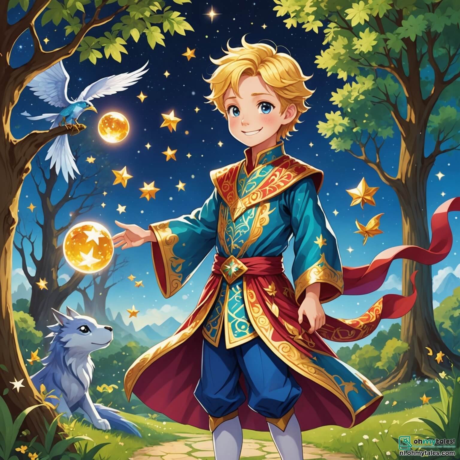 Une illustration destinée aux enfants représentant un prince au sourire éclatant et aux cheveux dorés, vêtu d'une tunique colorée ornée de motifs chatoyants, se tenant courageusement au cœur d'un royaume enchanté où les arbres majestueux aux feuilles scintillantes dansent au rythme d'une brise légère, entouré de créatures rigolotes comme une princesse aux robes étincelantes qui jongle avec des étoiles filantes et un dragon farceur aux écailles multicolores qui crache des bulles de savon, tandis qu'une rivière aux eaux cristallines serpente entre des fleurs géantes aux couleurs vives, le tout sous un ciel bleu parsemé de nuages en forme de bonbons, alors que le prince se lance dans une quête hilarante pour retrouver la Gelukkige Gans, une créature magique qui apporte joie et rires à tous ceux qui la croisent.