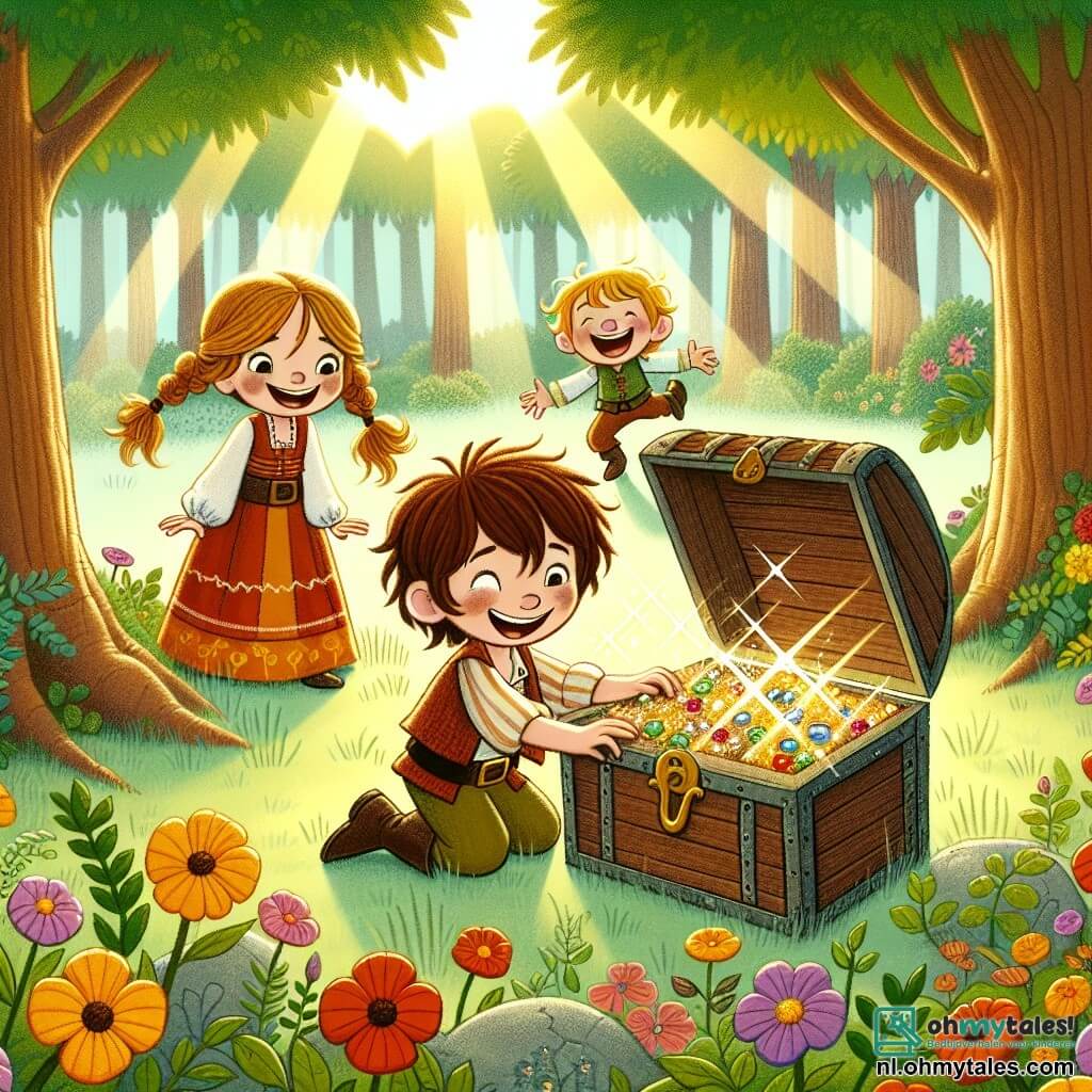 Une illustration sous forme de dessin destinée aux enfants représentant une clairière ensoleillée au cœur d'une forêt magique, avec un garçon de 7 ans aux cheveux bruns en désordre, souriant et tenant une carte au trésor, entouré de ses deux amis : une fille aux tresses dorées, concentrée sur la carte, et un garçon aux cheveux châtains, riant tout en regardant les fleurs colorées qui les entourent, alors qu'ils découvrent ensemble un ancien coffre en bois rempli de pierres scintillantes, symbolisant leur aventure pleine de magie et d'amitié.