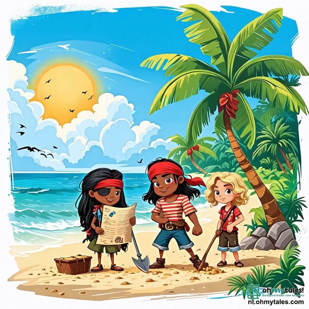 Une illustration sous forme de dessin destinée aux enfants représentant une plage ensoleillée bordée de palmiers, avec un homme pirate au long cheveux noirs et à l'œil caché par un bandeau, brandissant une carte au trésor avec enthousiasme, tandis qu'une fille aux cheveux blonds et bouclés, vêtue d'une chemise à rayures, observe la carte avec curiosité, et un garçon musclé avec un bandana rouge, tenant une pelle, se prépare à creuser près d'un grand cocotier, tous trois prêts à découvrir une mystérieuse cachette de trésor enfouie sous le sable.