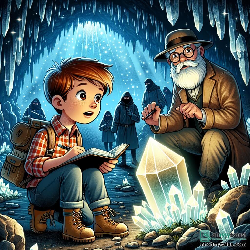 Une illustration sous forme de dessin destinée aux enfants représentant une vaste grotte souterraine illuminée par des cristaux scintillants, où un jeune garçon aux cheveux châtains et aux yeux brillants, vêtu d'une chemise à carreaux et d'un pantalon de randonnée, observe avec émerveillement un grand cristal lumineux au centre de la scène, tandis qu'un vieil homme à la barbe blanche et aux lunettes rondes, portant un manteau usé et un chapeau de chercheur, prend des notes dans un carnet, alors qu'un groupe d'hommes en capuches se profile à l'arrière-plan, cherchant à s'emparer du cristal, créant une atmosphère de mystère et d'aventure.