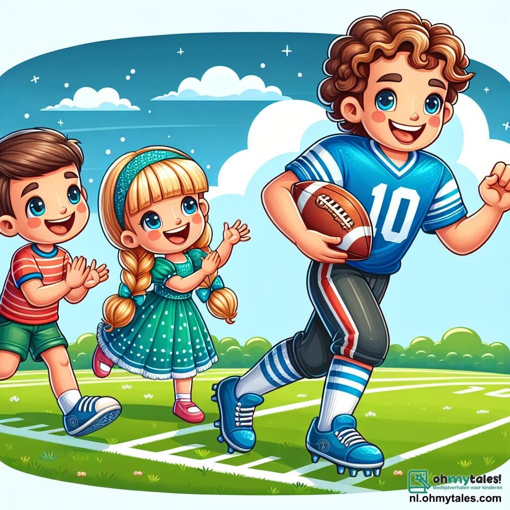 Une illustration sous forme de dessin destinée aux enfants représentant un terrain de football verdoyant sous un ciel bleu ensoleillé, où un homme aux cheveux bruns et bouclés, portant un maillot bleu avec le numéro 10, dribble habilement un ballon de football, tandis que deux enfants, une fille aux cheveux longs et blonds en tresse et un garçon aux cheveux courts et bruns, applaudissent et encouragent avec des sourires éclatants, capturant l'esprit de camaraderie et de plaisir du jeu.