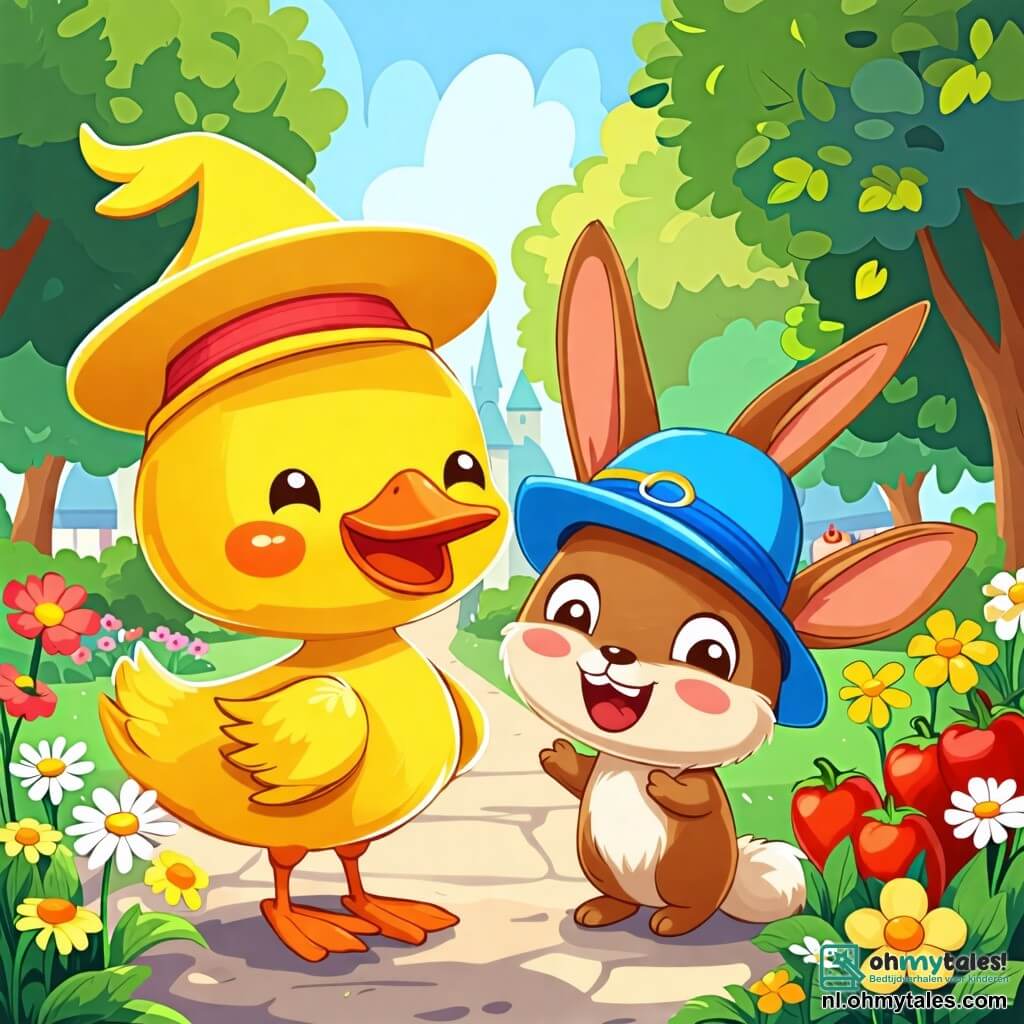 Une illustration sous forme de dessin destinée aux enfants représentant un parc ensoleillé avec des arbres verdoyants et des fleurs colorées, où un canard joyeux avec un plumage jaune vif et une grande, belle chapeau jaune sur la tête, se tient fièrement à côté d'un petit lapin aux grandes oreilles et au pelage brun, qui porte une petite chapeau bleue, tous deux souriants et riant ensemble alors qu'ils découvrent des chapeaux amusants dans une boutique de légumes à proximité.