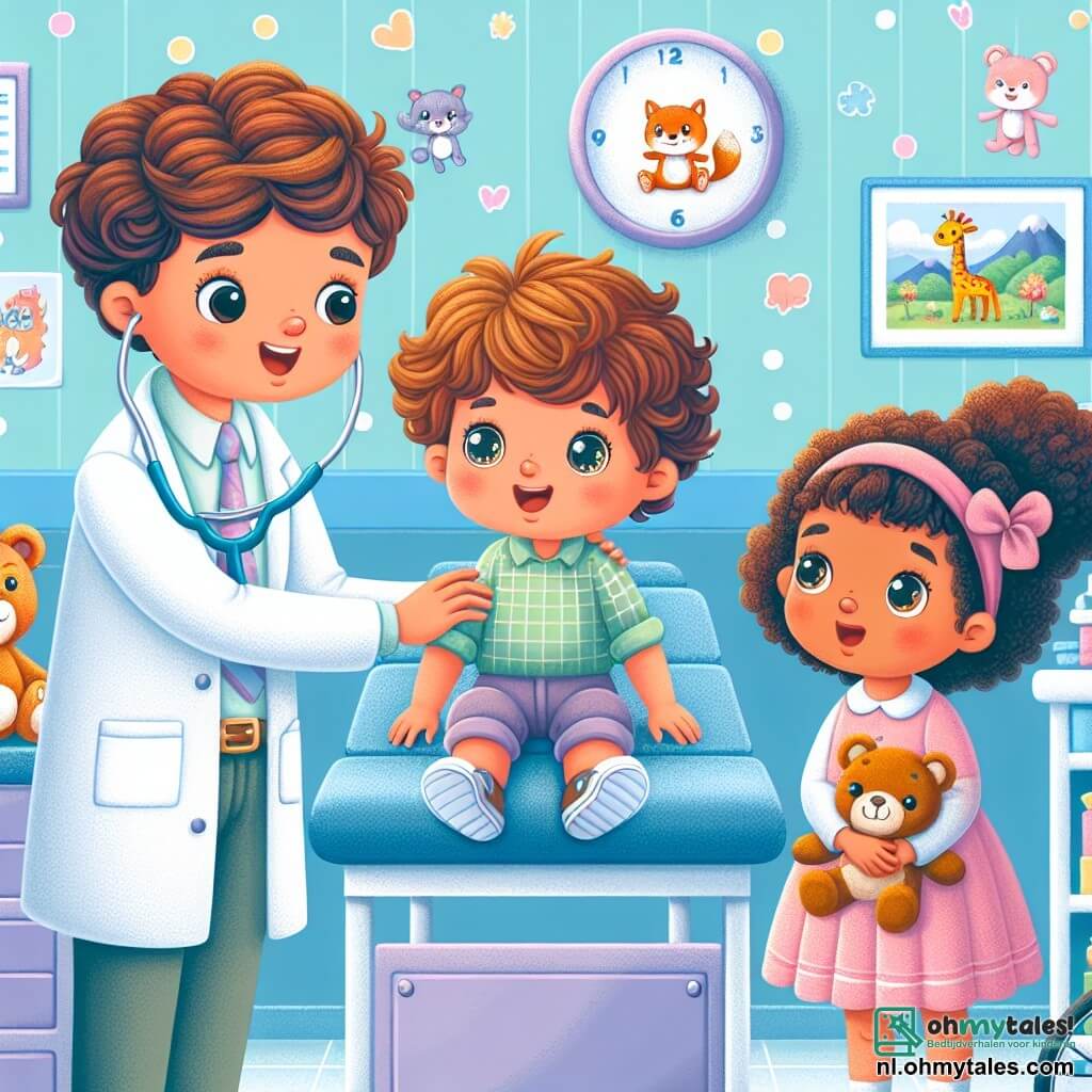 Une illustration sous forme de dessin destinée aux enfants représentant un hôpital coloré et accueillant, avec des murs peints en bleu pastel et des dessins d'animaux souriants, où une femme médecin aux cheveux bouclés et à la blouse blanche, souriante et pleine de compassion, examine un petit garçon aux yeux brillants et à la chevelure brune, assis sur une table d'examen, tandis qu'une petite fille aux couettes et à la robe rose, tenant un ours en peluche, regarde avec curiosité et espoir, illustrant le moment où le médecin rassure les enfants et leur apporte du réconfort après une chute à vélo.