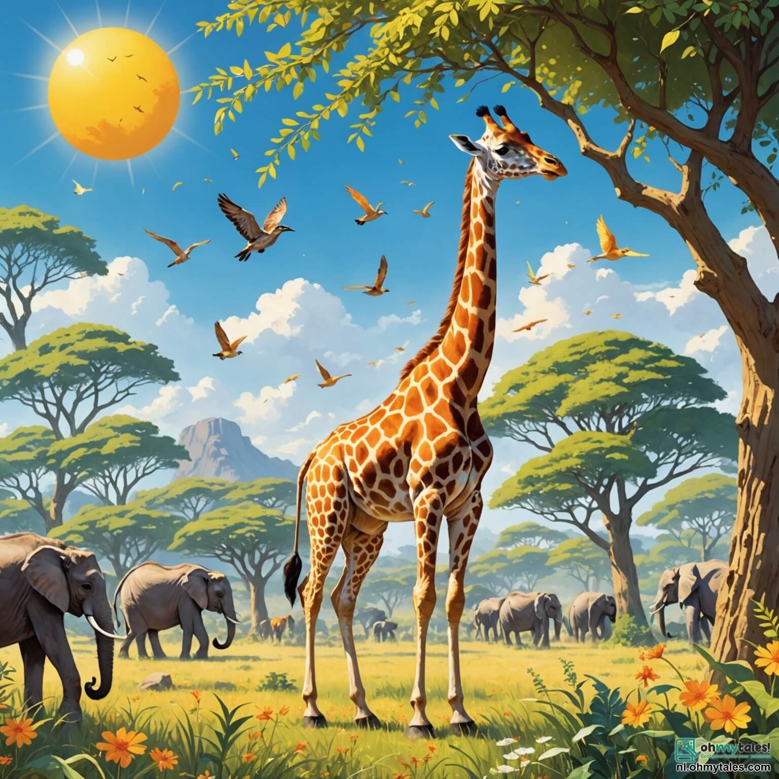 Une illustration destinée aux enfants représentant une girafe au long cou gracieux, parée de taches dorées scintillantes sous le soleil éclatant, se tenant timidement au milieu d'une marché animé de la savanne, où des singes espiègles sautent de branche en branche, des éléphants majestueux se désaltèrent à une source étincelante, et des oiseaux colorés chantent joyeusement, tandis que notre héroïne, avec un cœur plein d'espoir, aspire à se faire des amis parmi les autres animaux qui rient et dansent autour d'une immense meloène aux reflets magiques.